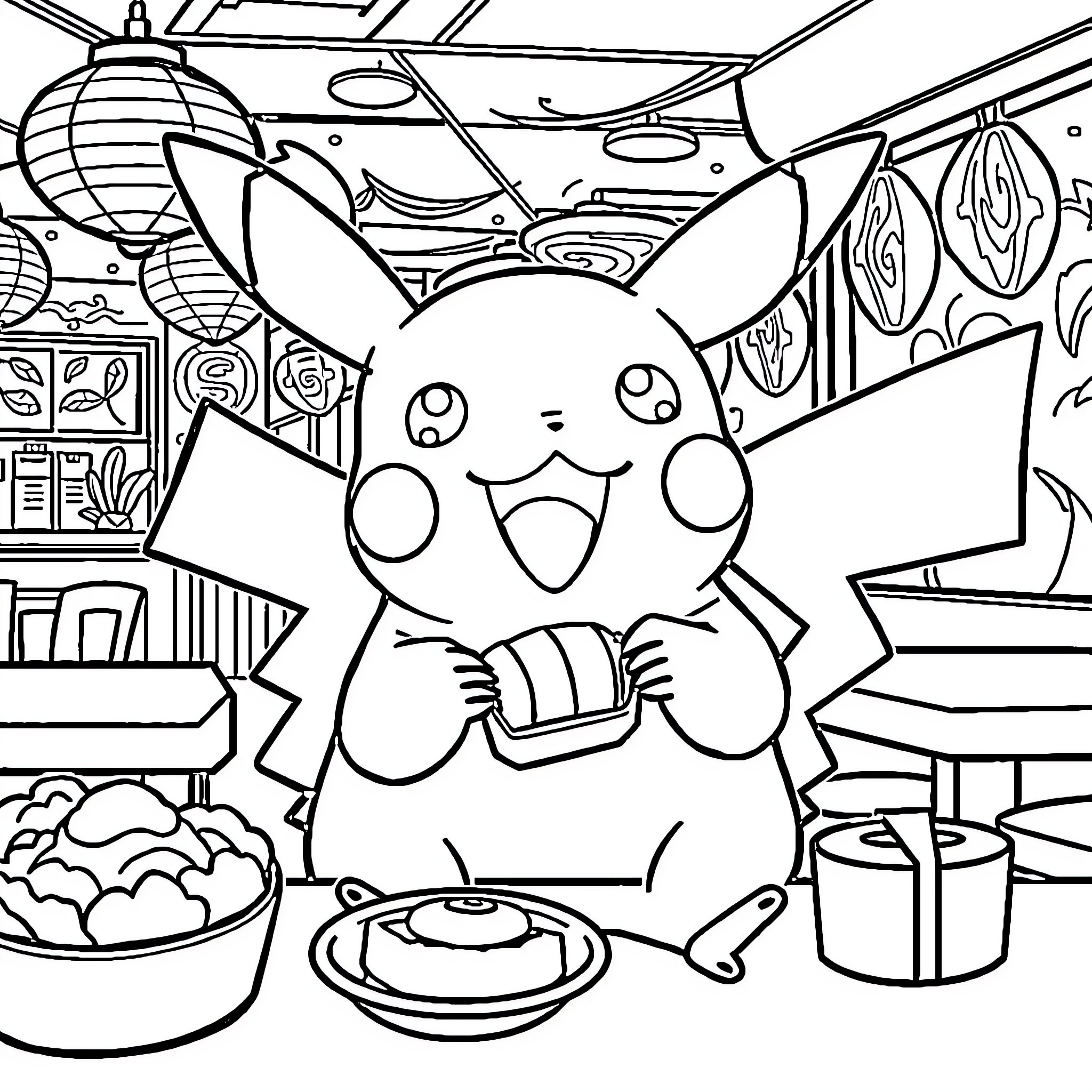 Pikachu enjoying a cozy evening snack Coloring Page (free black-and-white line drawing printable PDF for all, from beginners to advanced learners, including children, teens, adults, and seniors)