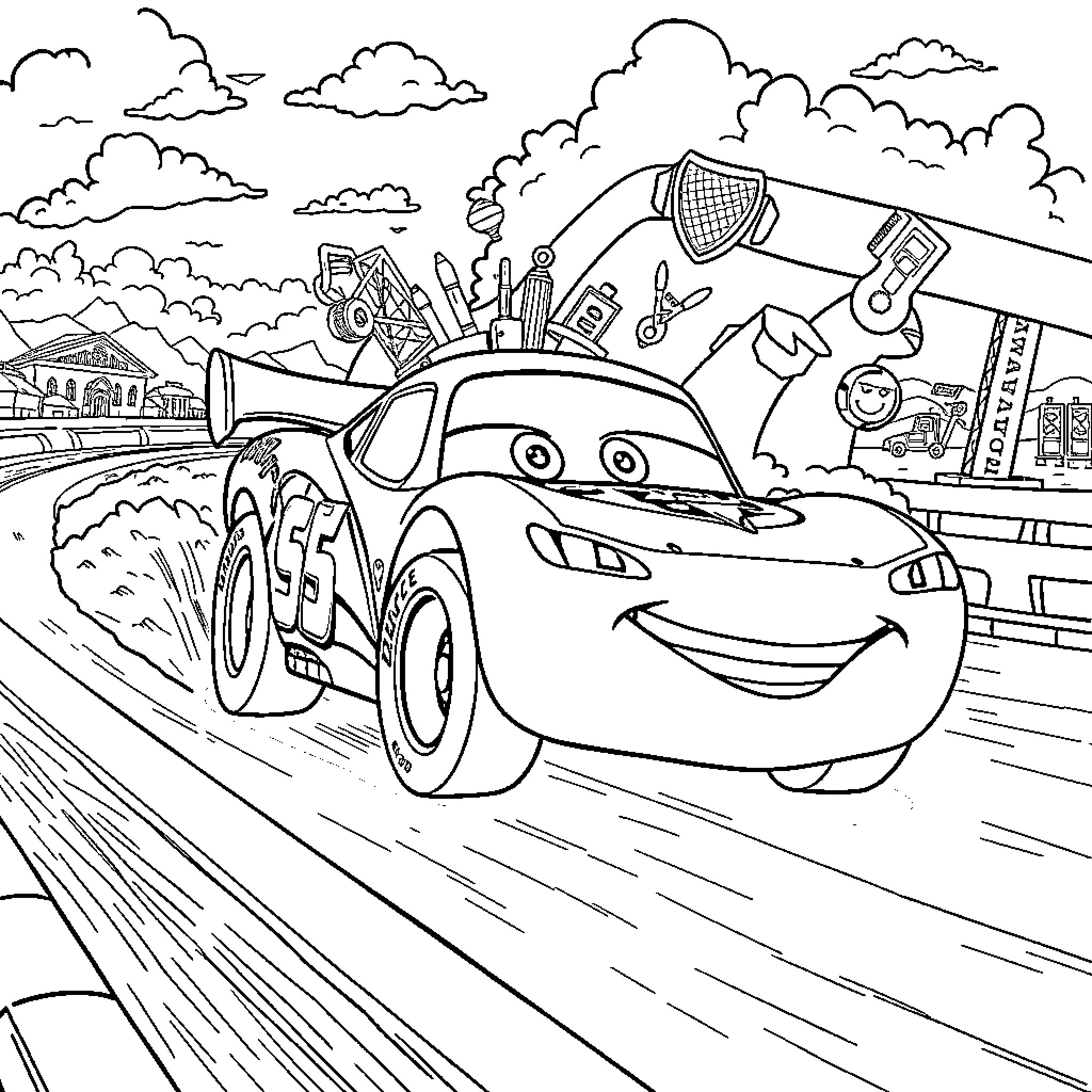 Lightning McQueen racing through the city Coloring Page (free black-and-white line drawing printable PDF for all, from beginners to advanced learners, including children, teens, adults, and seniors)
