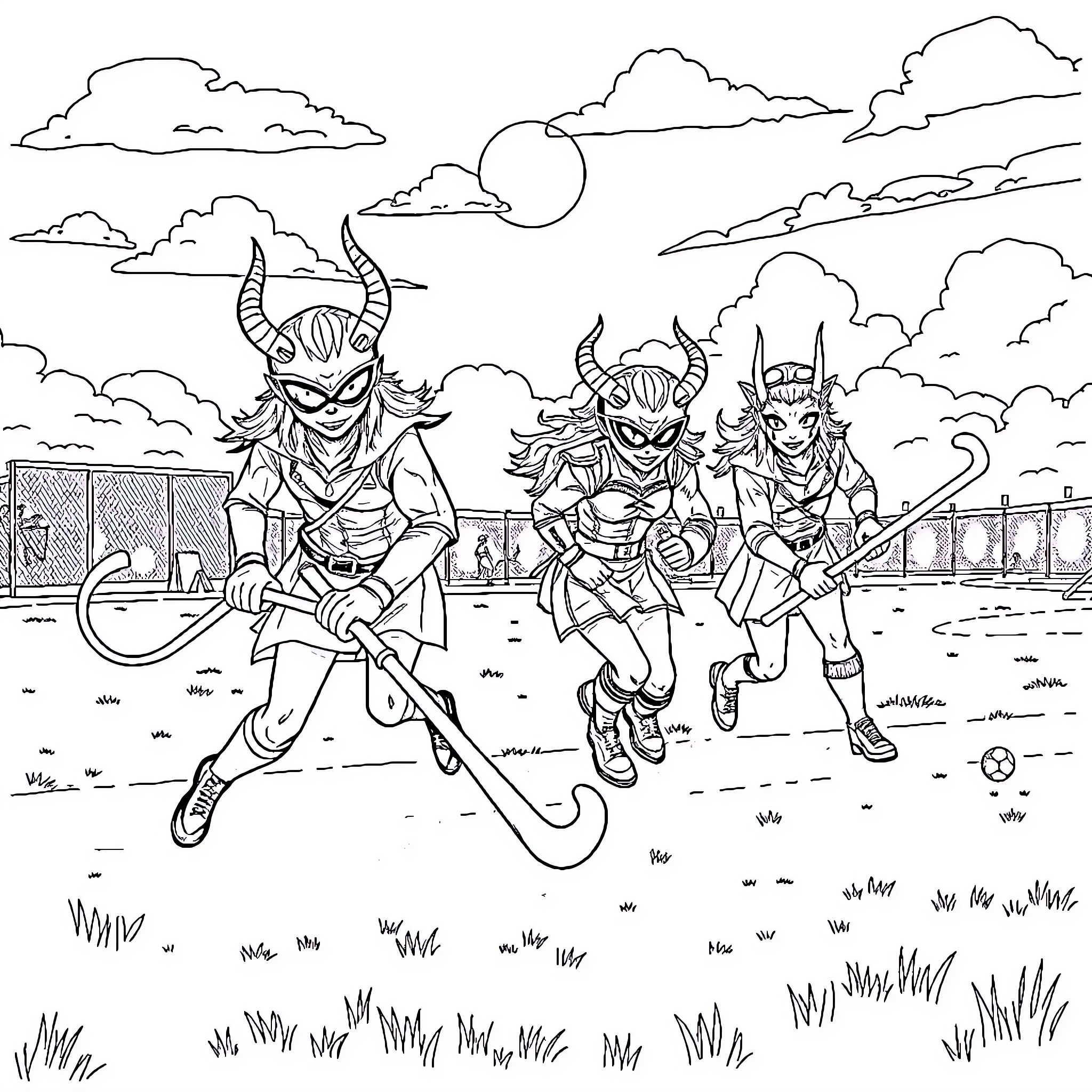 Demon Hunters in Fierce Combat Coloring Page (free black-and-white line drawing printable PDF for all, from beginners to advanced learners, including children, teens, adults, and seniors)