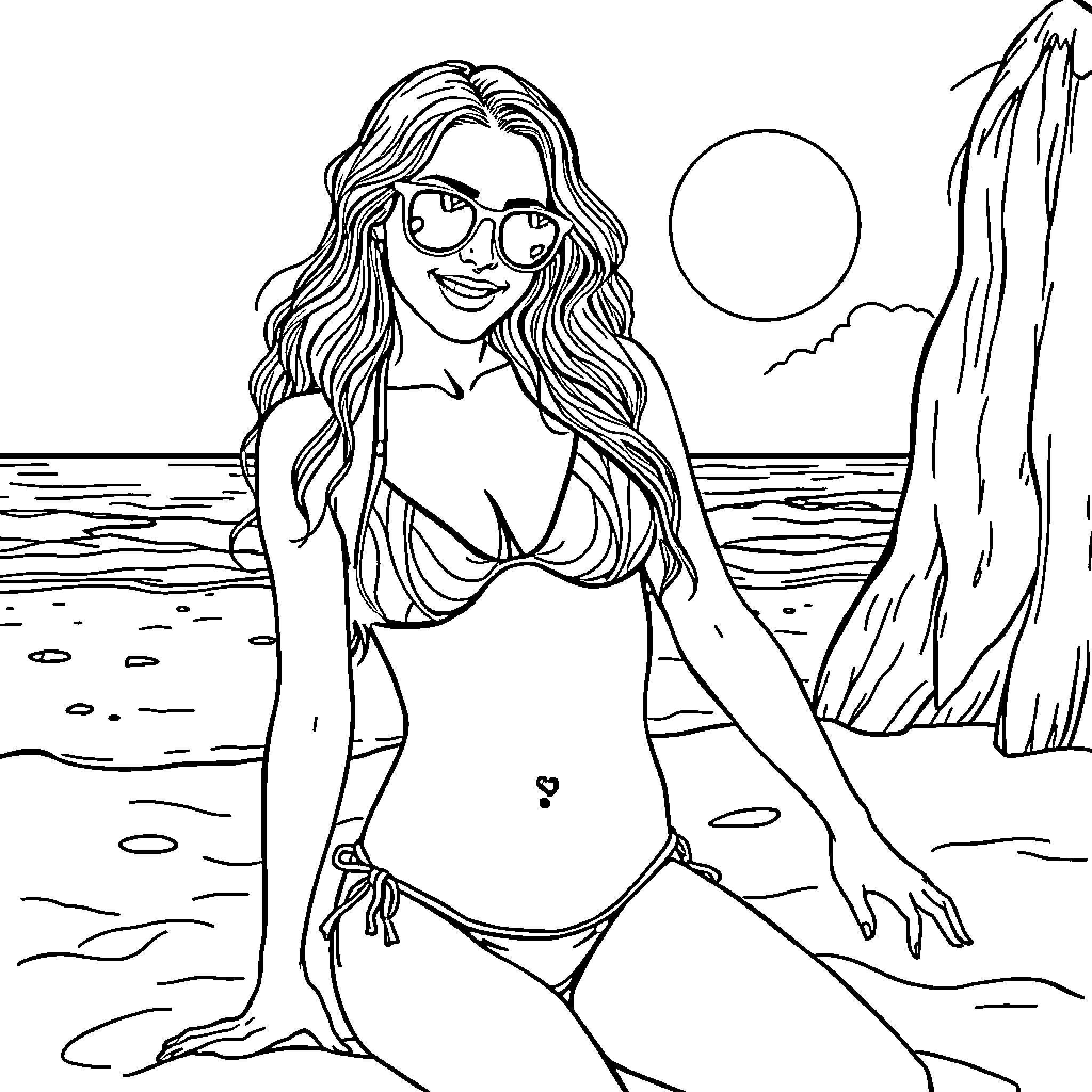Sydney Sweeney relaxing on the beach in a bikini Coloring Page (free black-and-white line drawing printable PDF for all, from beginners to advanced learners, including children, teens, adults, and seniors)