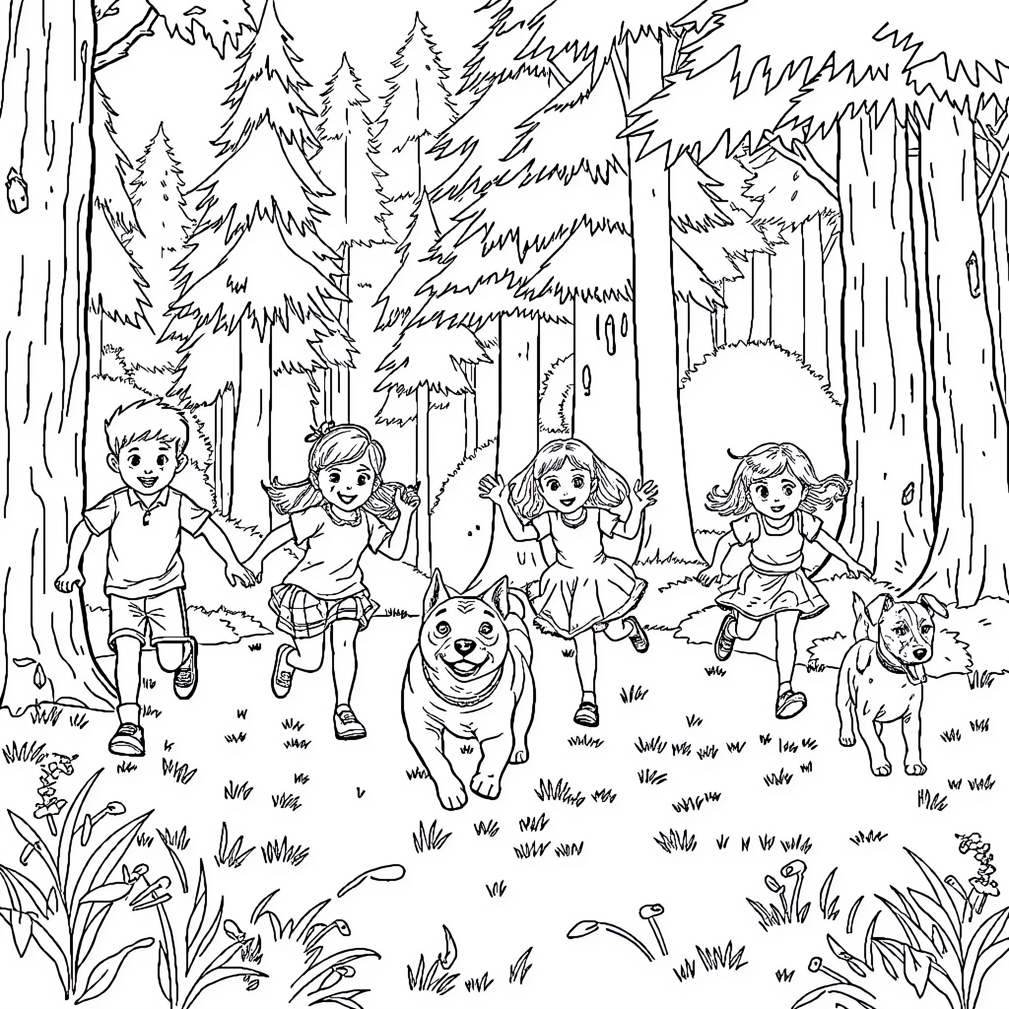 Children Playing Happily in Forest with Pets Coloring Page (free black-and-white line drawing printable PDF for all, from beginners to advanced learners, including children, teens, adults, and seniors)