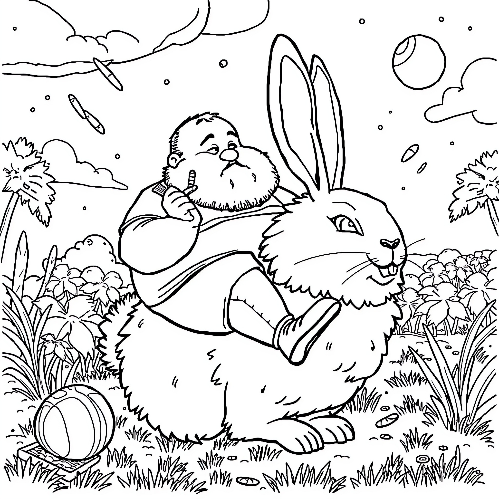 Guy riding a giant rabbit in a fantasy landscape Coloring Page (free black-and-white line drawing printable PDF for all, from beginners to advanced learners, including children, teens, adults, and seniors)