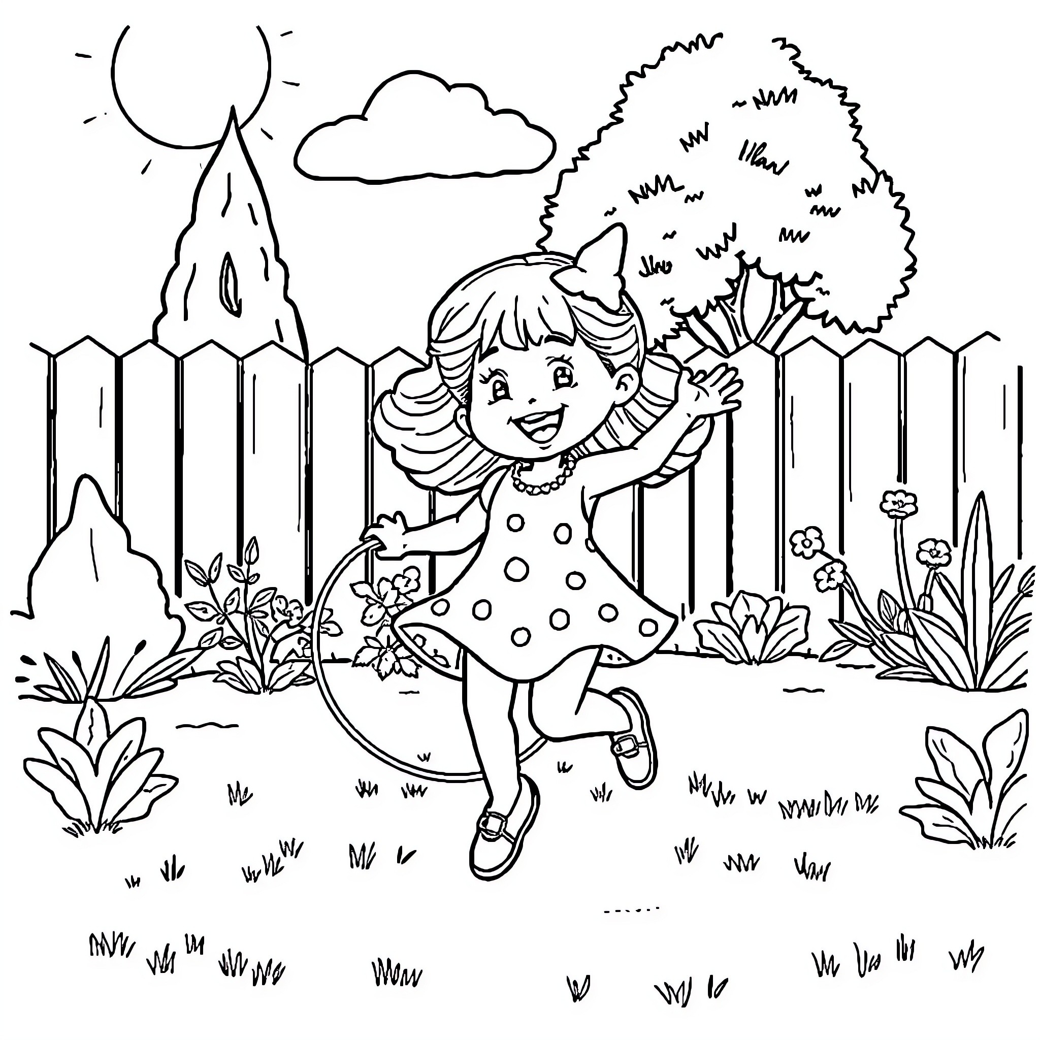 Karomi playing happily in the garden Coloring Page (free black-and-white line drawing printable PDF for all, from beginners to advanced learners, including children, teens, adults, and seniors)