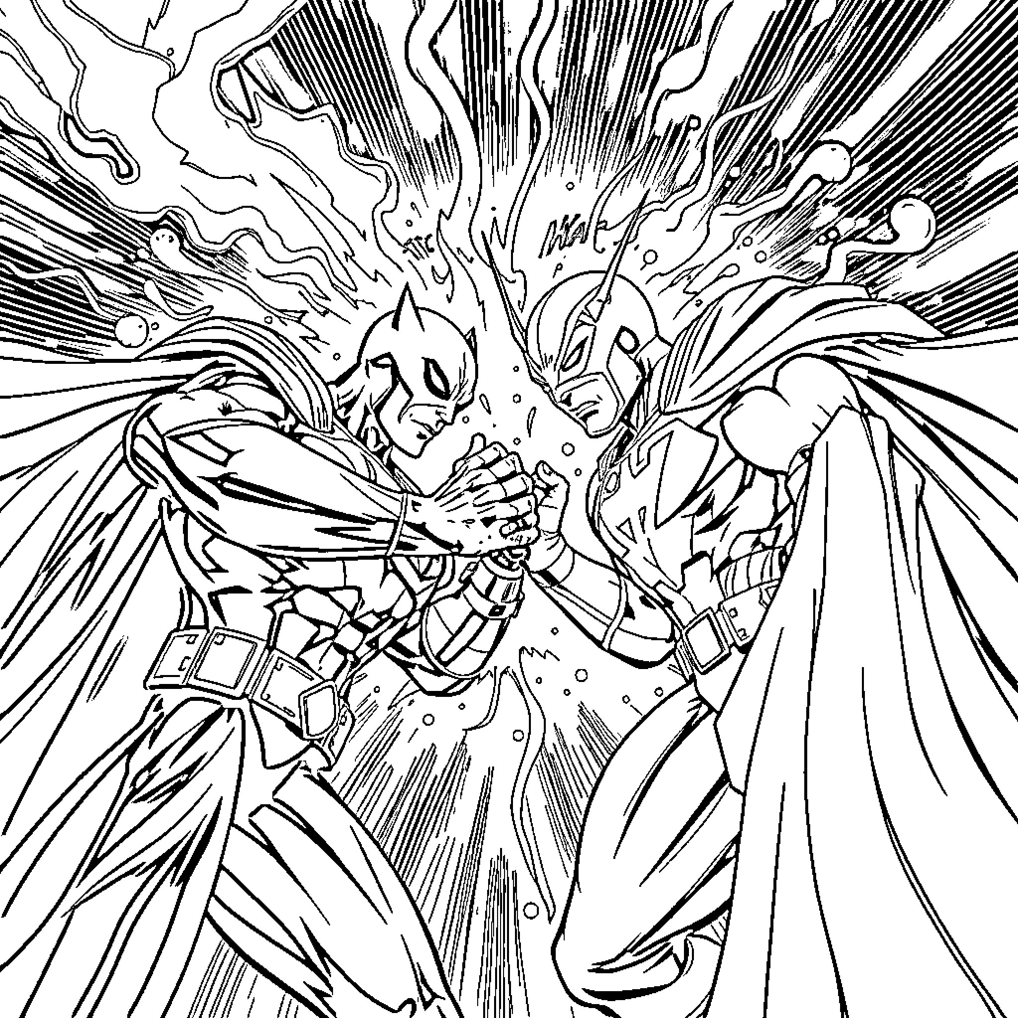 Comics of heroic battle with intense energy and conflict Coloring Page (free black-and-white line drawing printable PDF for all, from beginners to advanced learners, including children, teens, adults, and seniors)