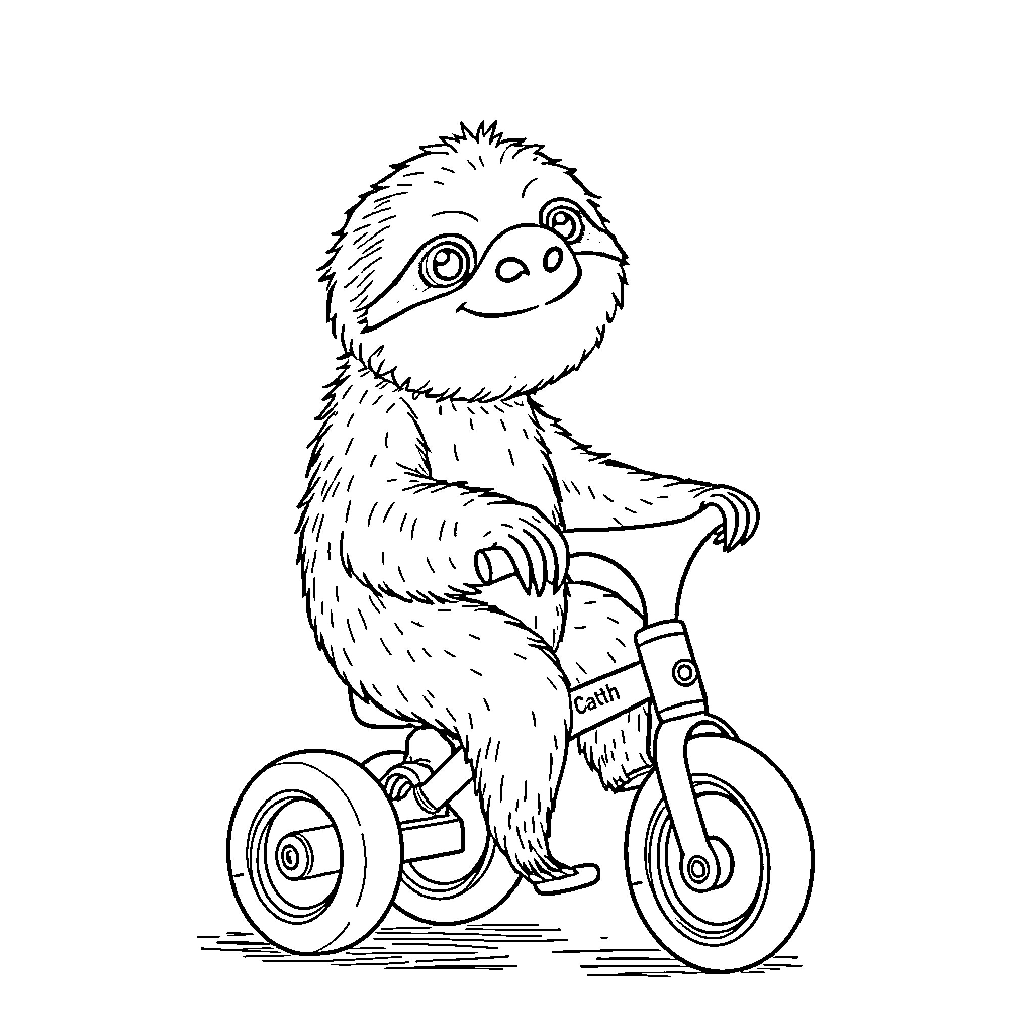 Sloth riding a tricycle happily Coloring Page (free black-and-white line drawing printable PDF for all, from beginners to advanced learners, including children, teens, adults, and seniors)