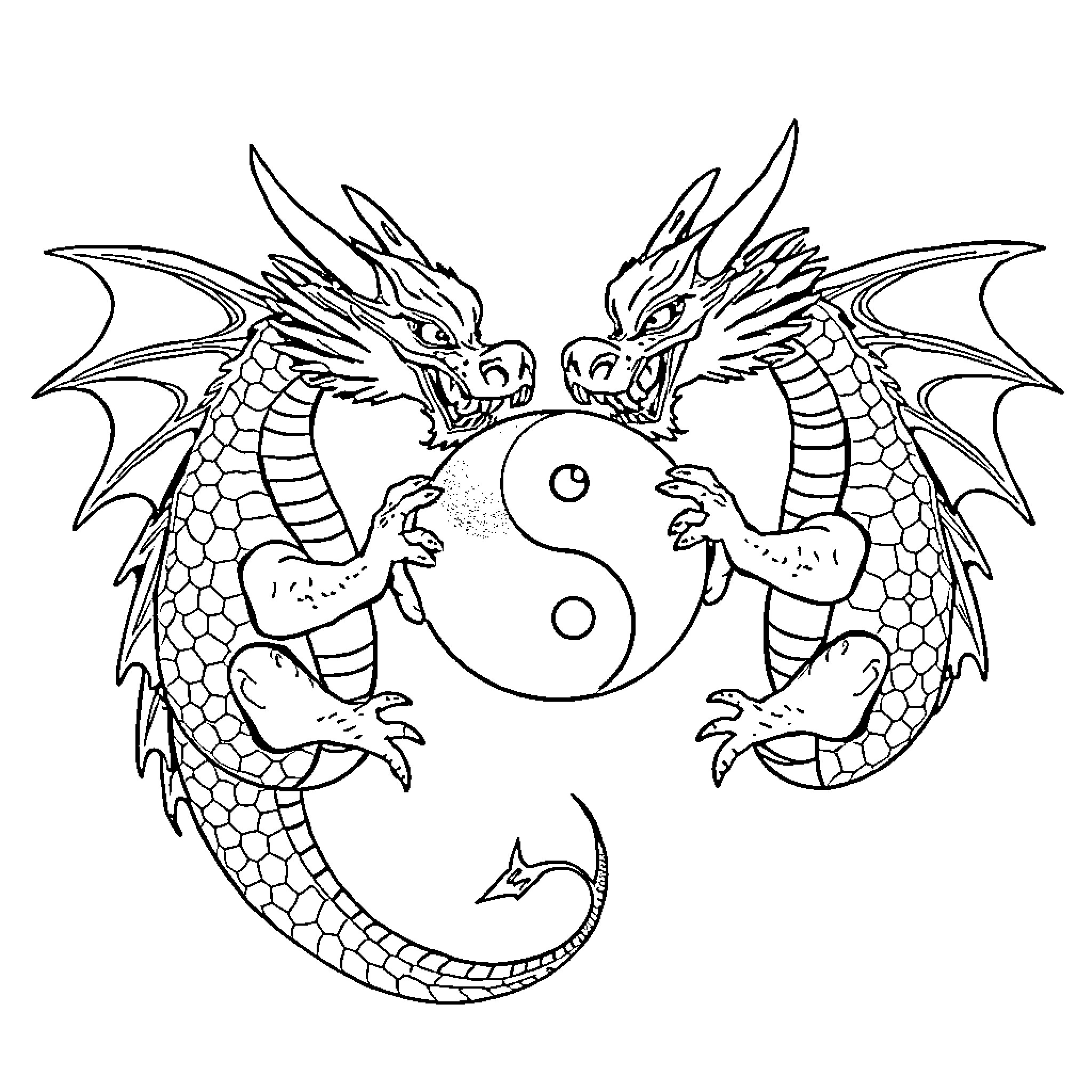 Dragon Guardians Protecting the Yin-Yang Symbol Coloring Page (free black-and-white line drawing printable PDF for all, from beginners to advanced learners, including children, teens, adults, and seniors)