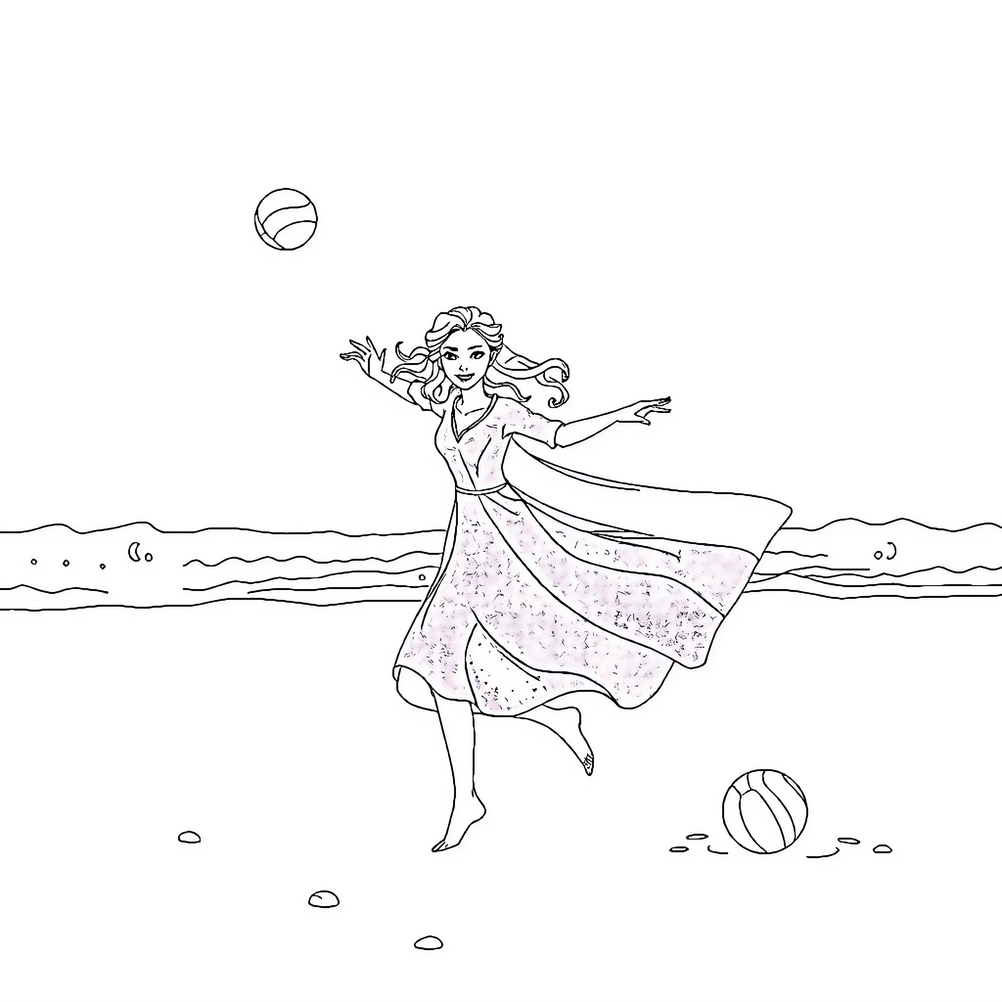 Queen playing joyfully with beach ball on shore Coloring Page (free black-and-white line drawing printable PDF for all, from beginners to advanced learners, including children, teens, adults, and seniors)