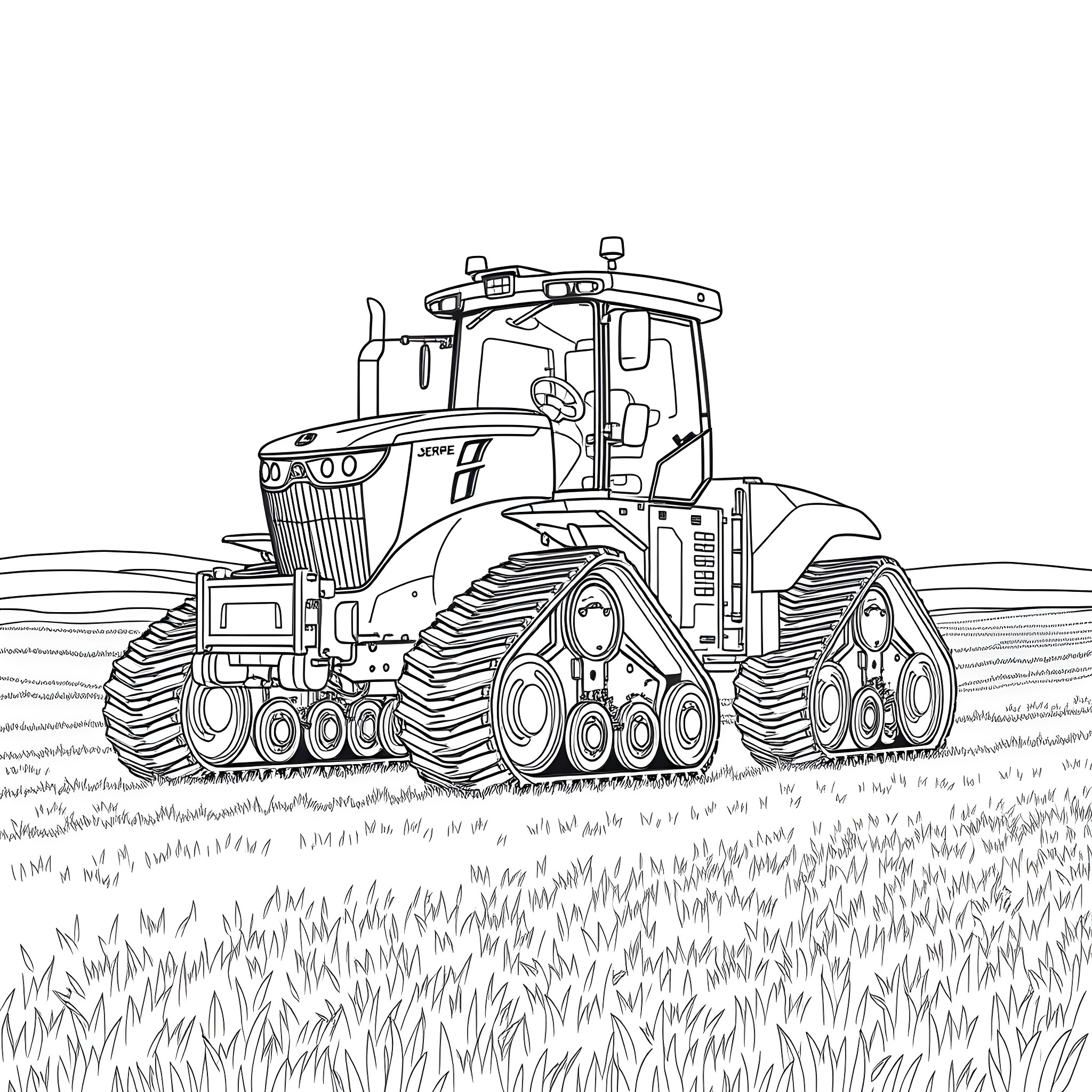 John Deere 9RX Tractor Plowing Through a Field Coloring Page (free black-and-white line drawing printable PDF for all, from beginners to advanced learners, including children, teens, adults, and seniors)