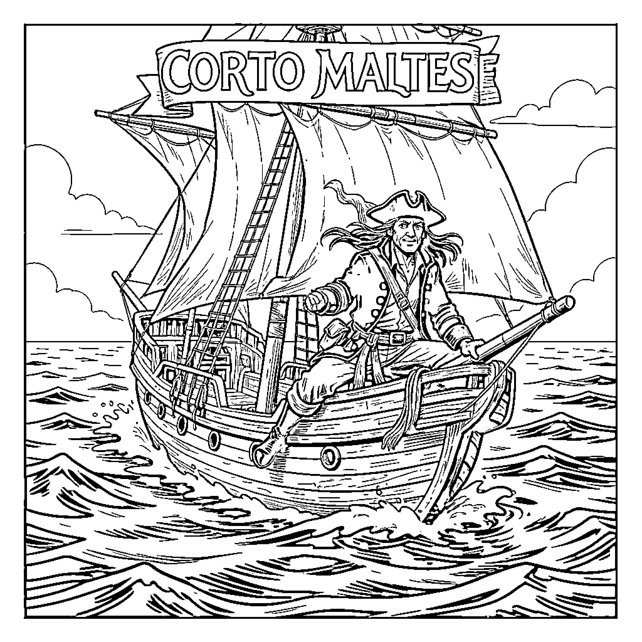 Corto Maltese sailing a large ship on the ocean Coloring Page (free black-and-white line drawing printable PDF for all, from beginners to advanced learners, including children, teens, adults, and seniors)