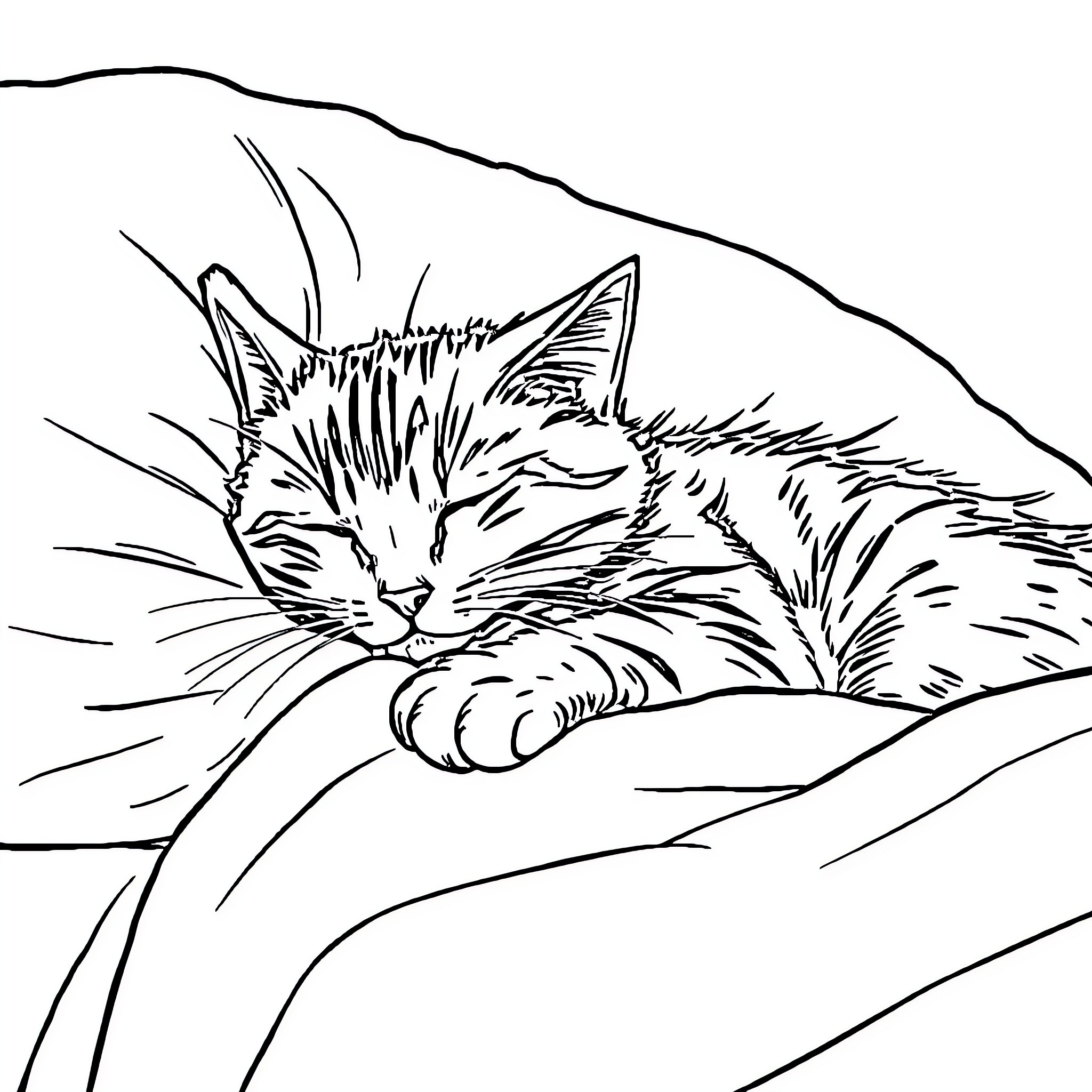 Cat resting peacefully on a soft surface Coloring Page (free black-and-white line drawing printable PDF for all, from beginners to advanced learners, including children, teens, adults, and seniors)