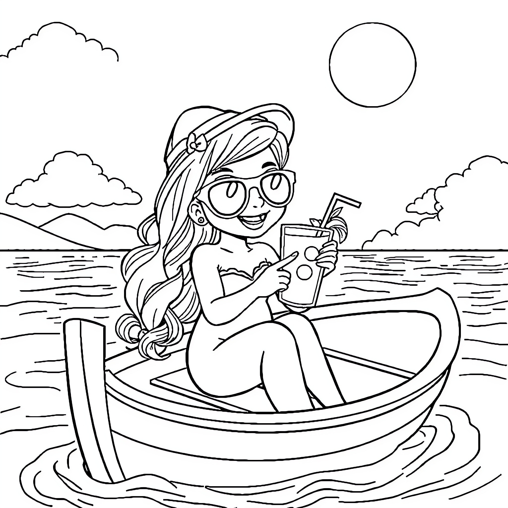 Siren enjoying a refreshing drink on a boat Coloring Page (free black-and-white line drawing printable PDF for all, from beginners to advanced learners, including children, teens, adults, and seniors)