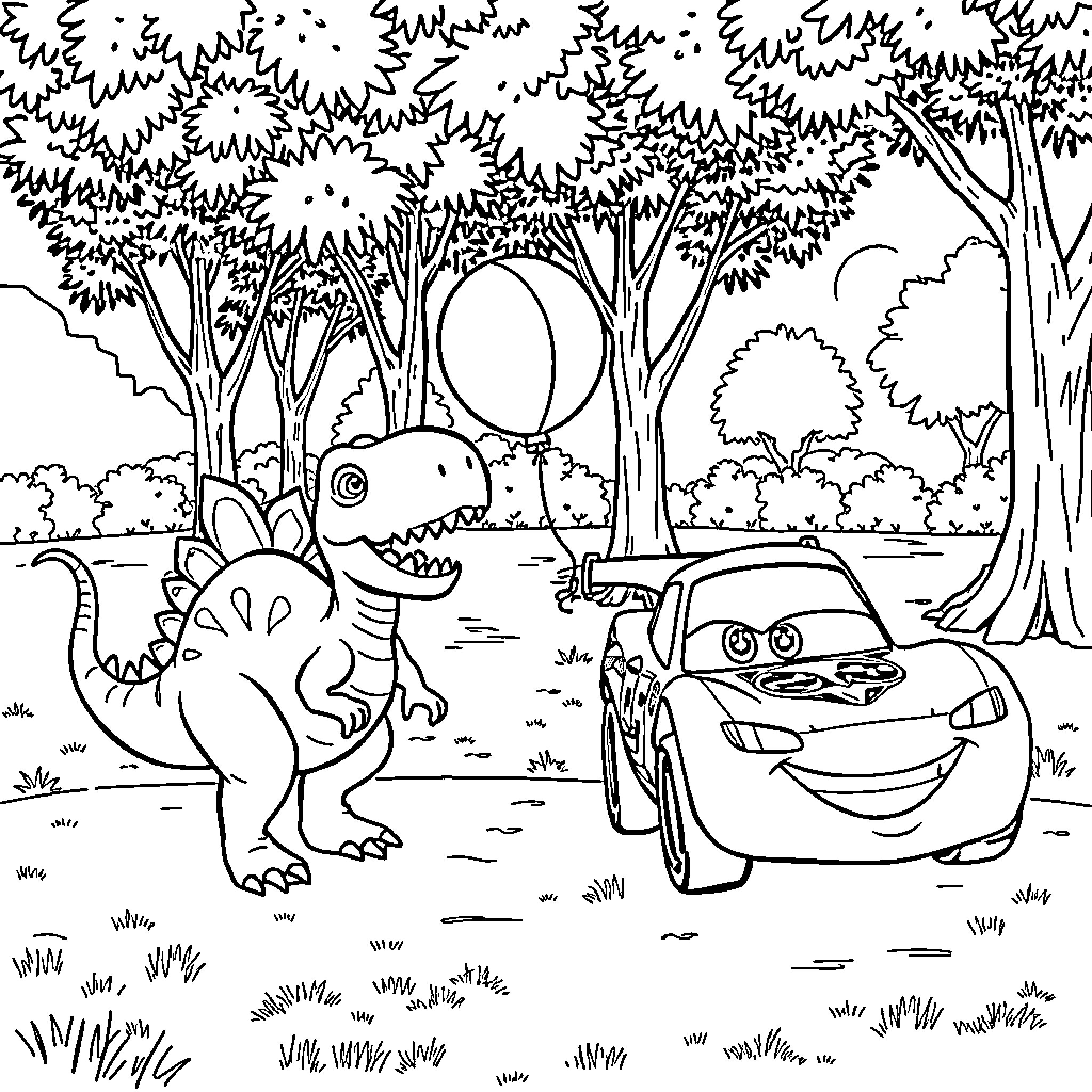 Flash McQueen's Prehistoric Adventure Coloring Page (free black-and-white line drawing printable PDF for all, from beginners to advanced learners, including children, teens, adults, and seniors)
