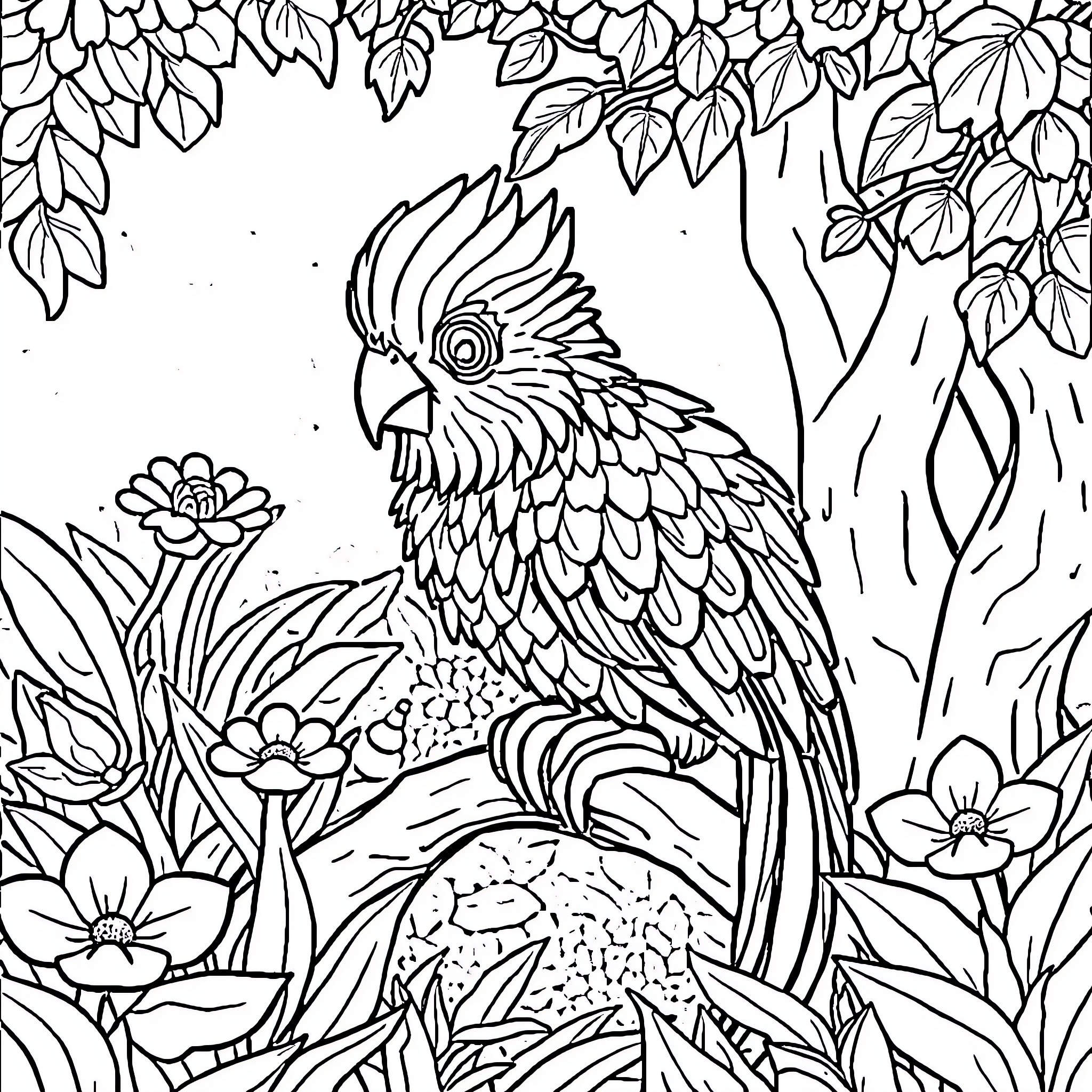 Animal parrot perched in lush foliage Coloring Page (free black-and-white line drawing printable PDF for all, from beginners to advanced learners, including children, teens, adults, and seniors)