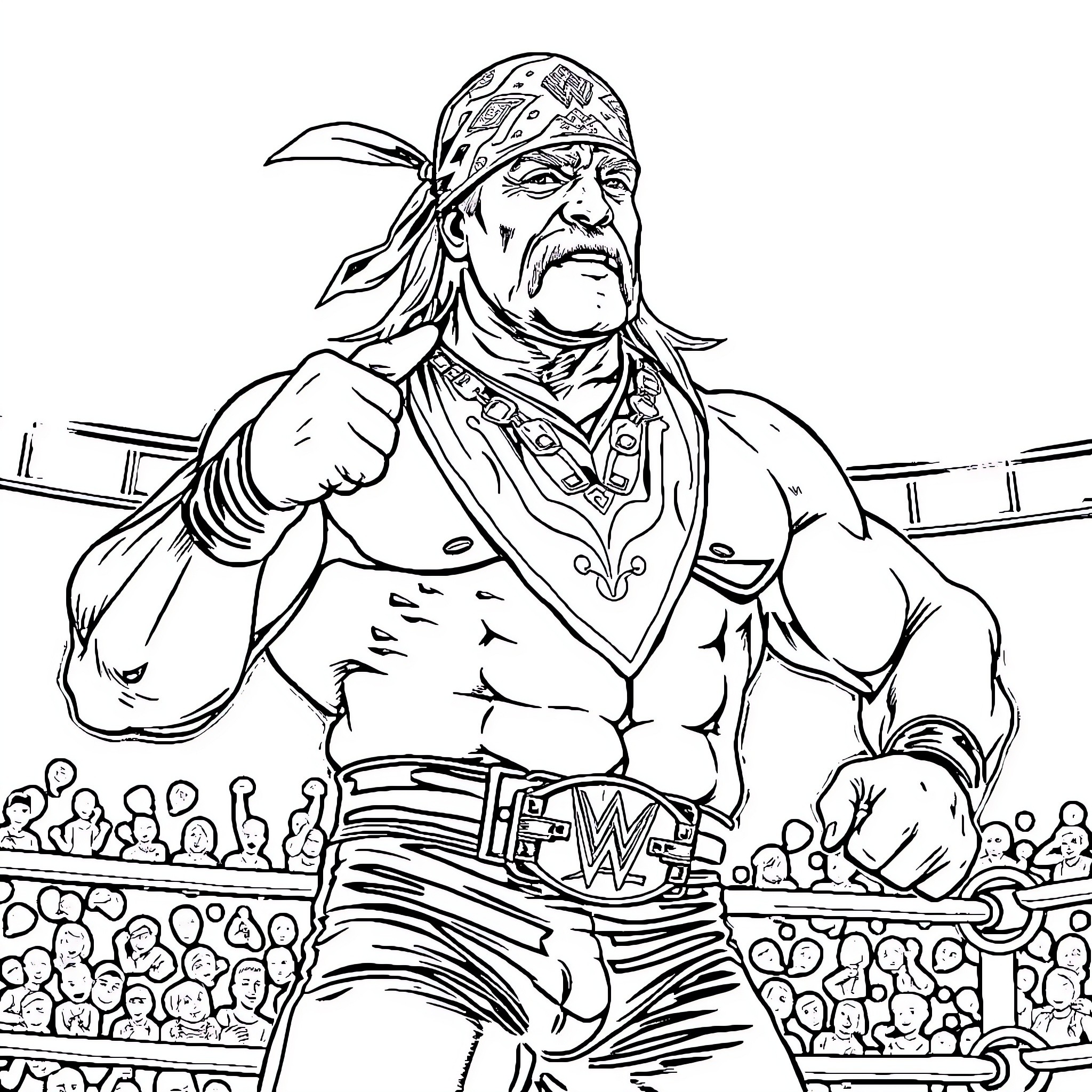 Hulk Hogan striking a wrestler's pose in the ring Coloring Page (free black-and-white line drawing printable PDF for all, from beginners to advanced learners, including children, teens, adults, and seniors)