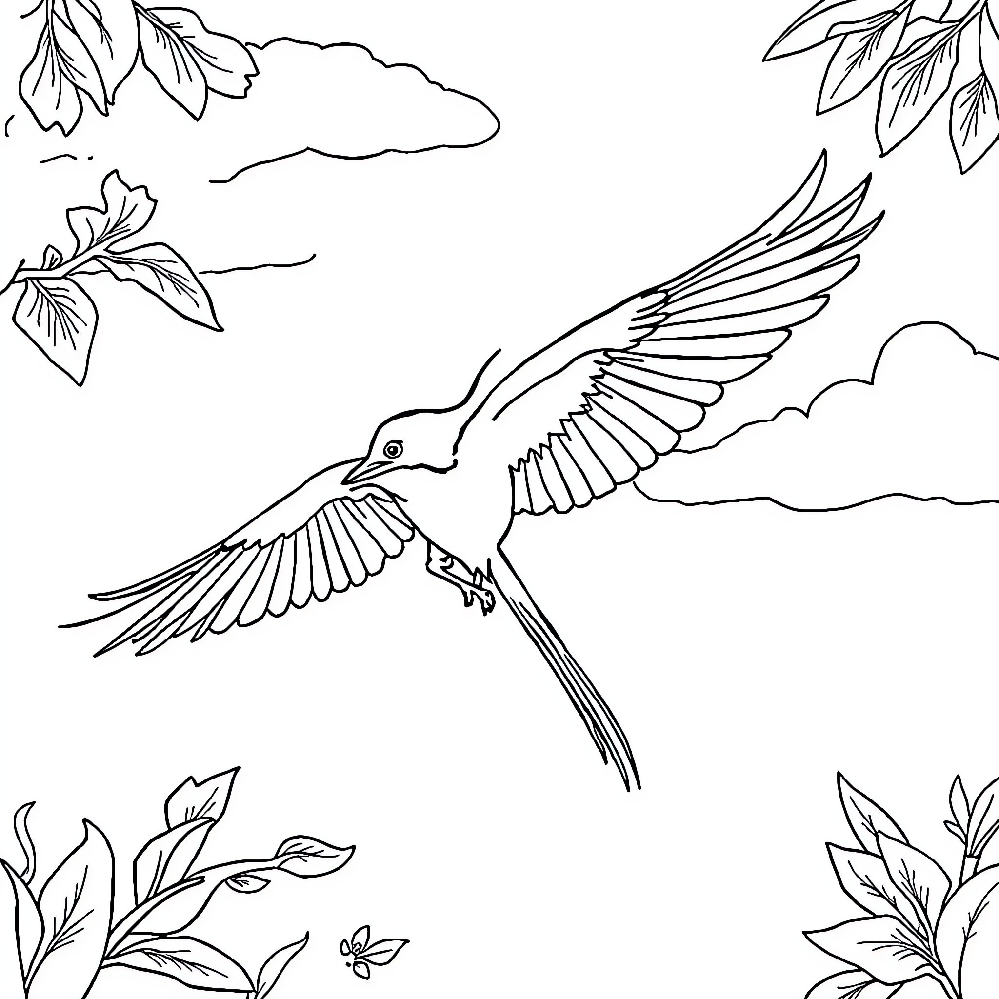 Flying Orange Hummingbird in Floral Foliage Coloring Page (free black-and-white line drawing printable PDF for all, from beginners to advanced learners, including children, teens, adults, and seniors)