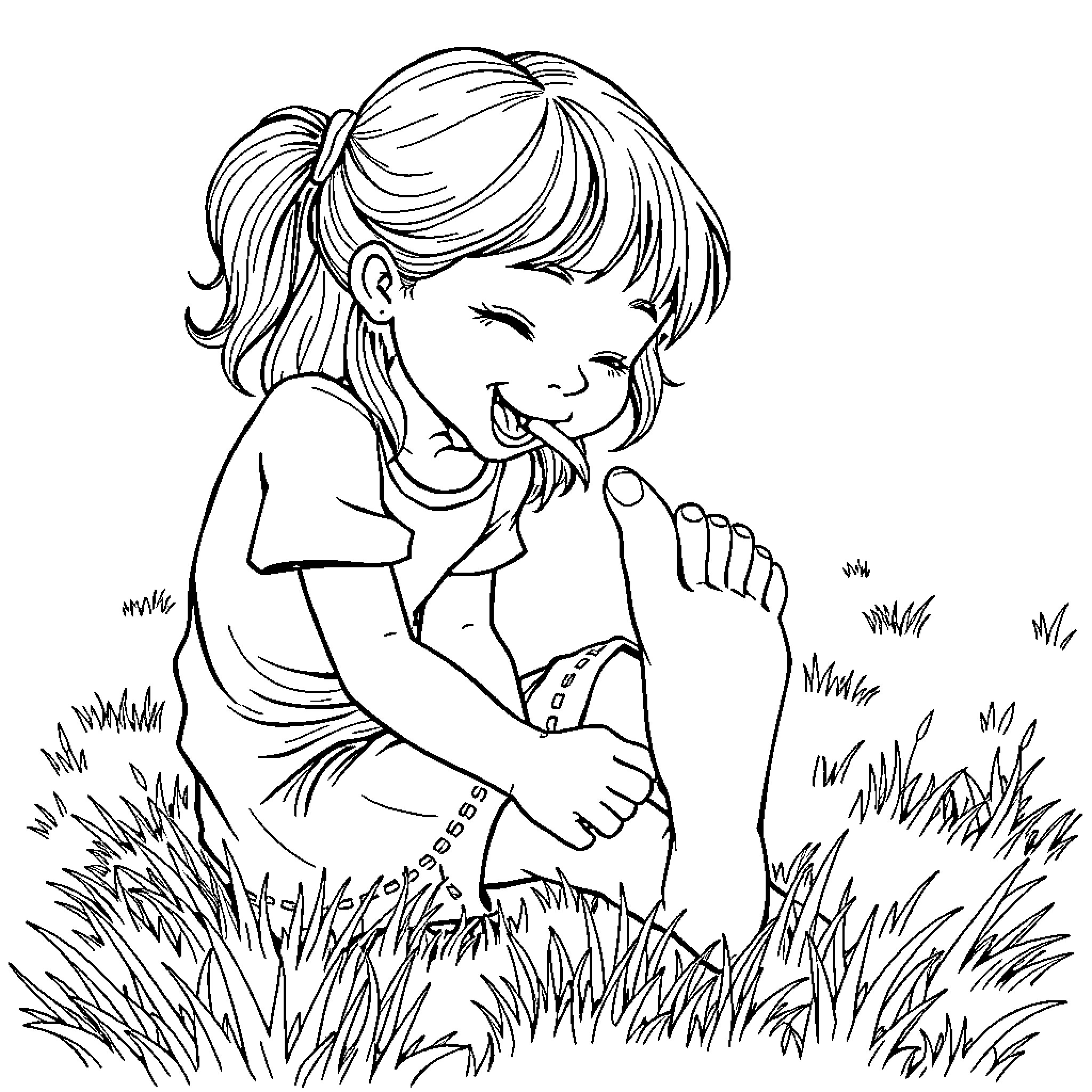 Girl playing happily in the grass Coloring Page (free black-and-white line drawing printable PDF for all, from beginners to advanced learners, including children, teens, adults, and seniors)