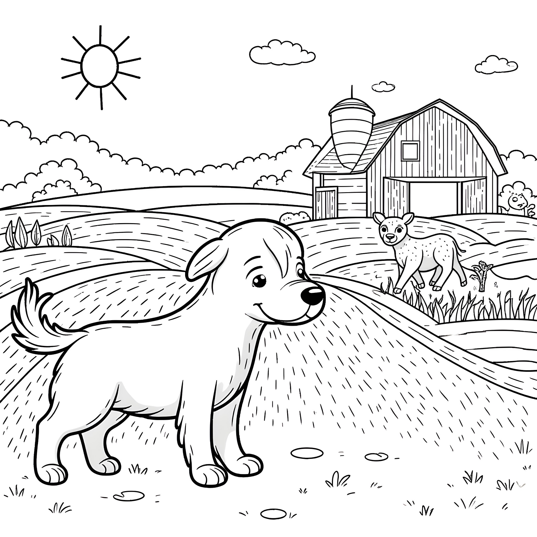 Bluey exploring the farm with a furry friend Coloring Page (free black-and-white line drawing printable PDF for all, from beginners to advanced learners, including children, teens, adults, and seniors)