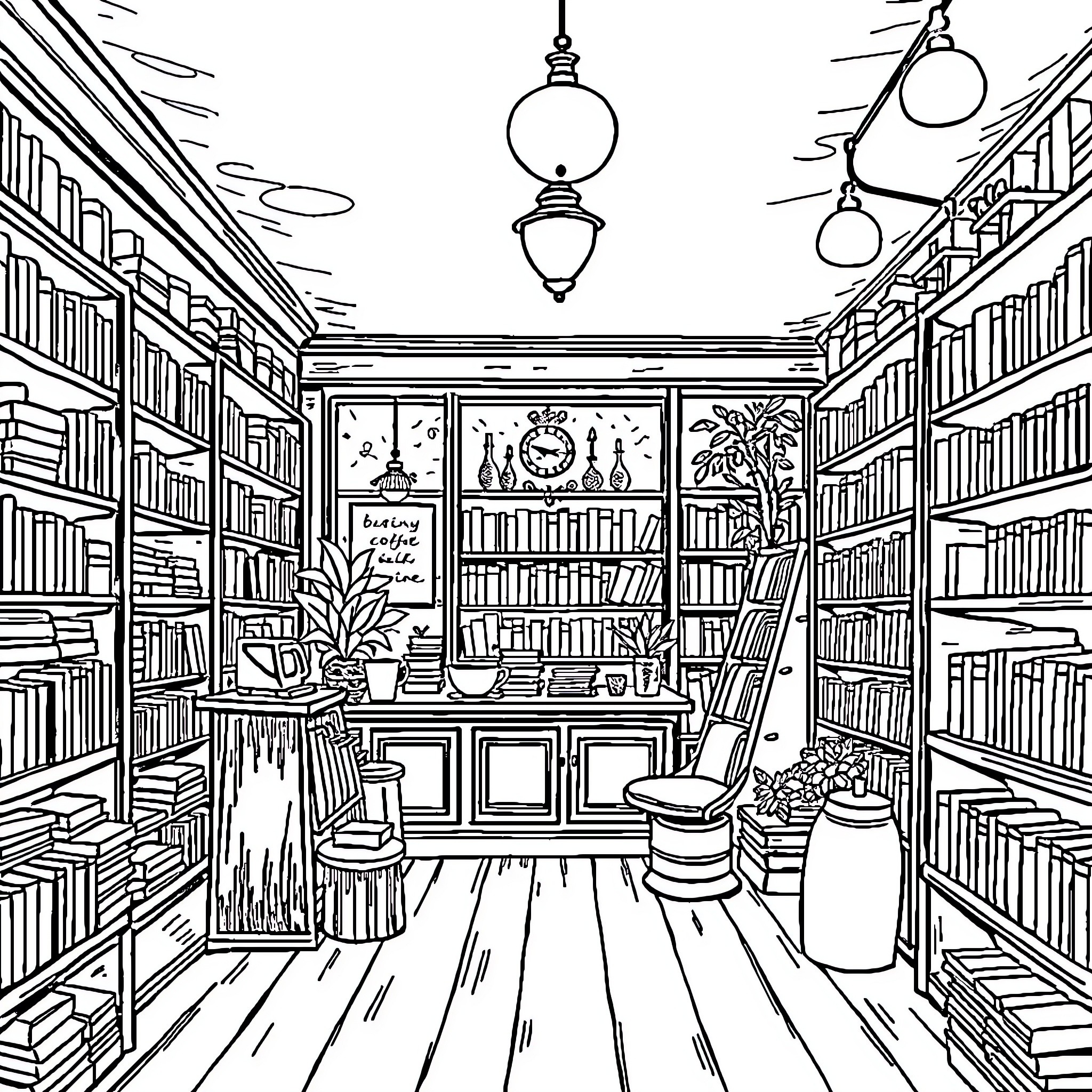 Bookstore filled with cozy furniture and shelves Coloring Page (free black-and-white line drawing printable PDF for all, from beginners to advanced learners, including children, teens, adults, and seniors)