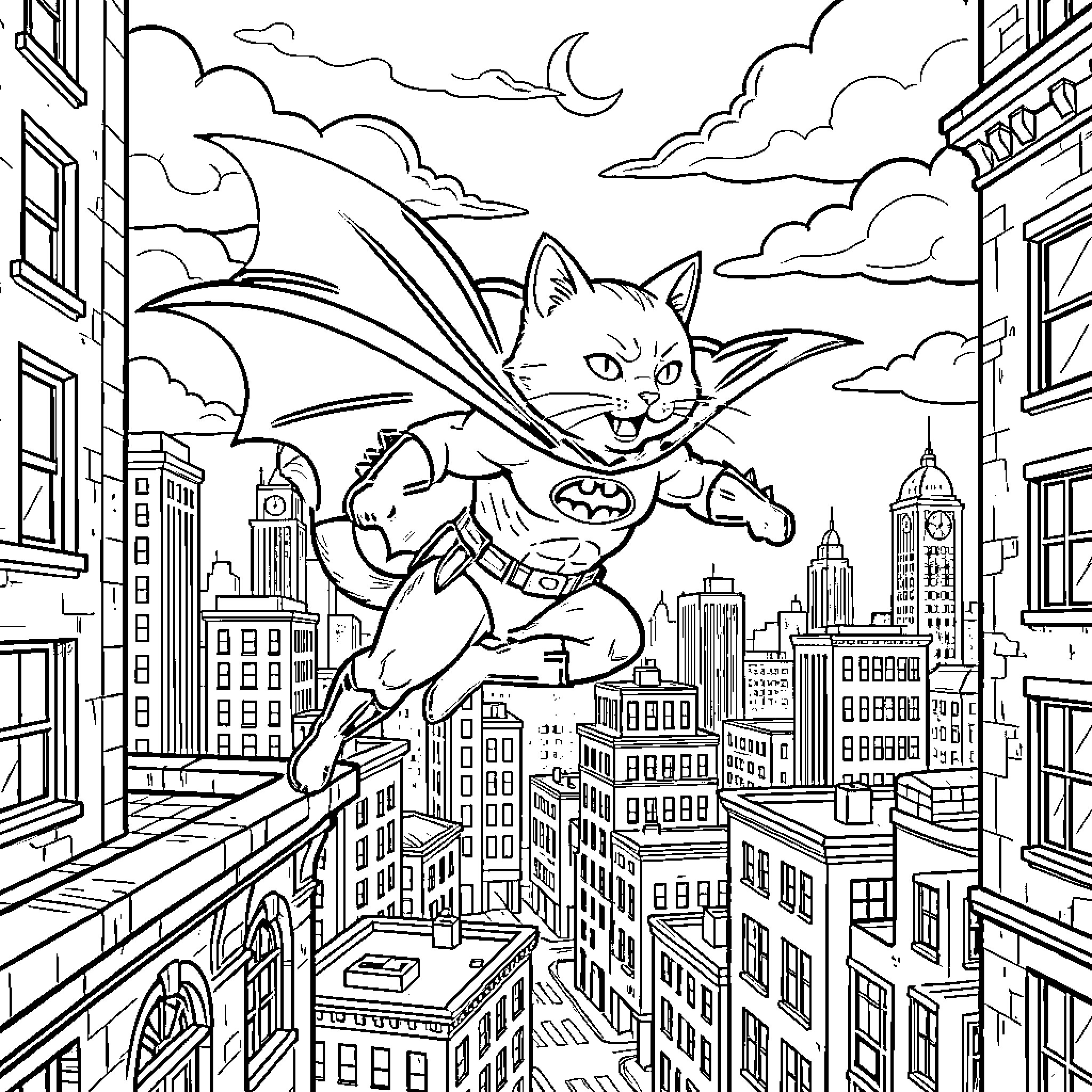 Gato superhero flying heroically over a city skyline Coloring Page (free black-and-white line drawing printable PDF for all, from beginners to advanced learners, including children, teens, adults, and seniors)