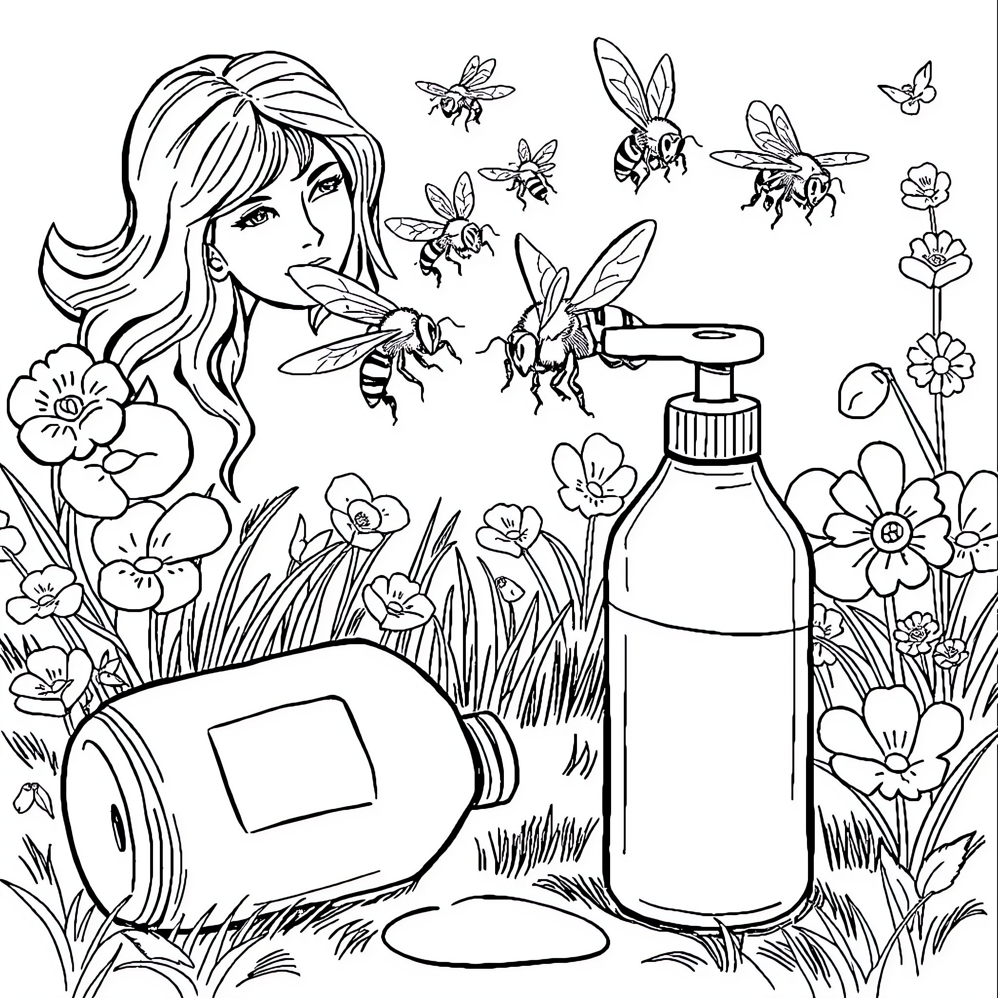 Soap bottle among flowers and buzzing bees Coloring Page (free black-and-white line drawing printable PDF for all, from beginners to advanced learners, including children, teens, adults, and seniors)