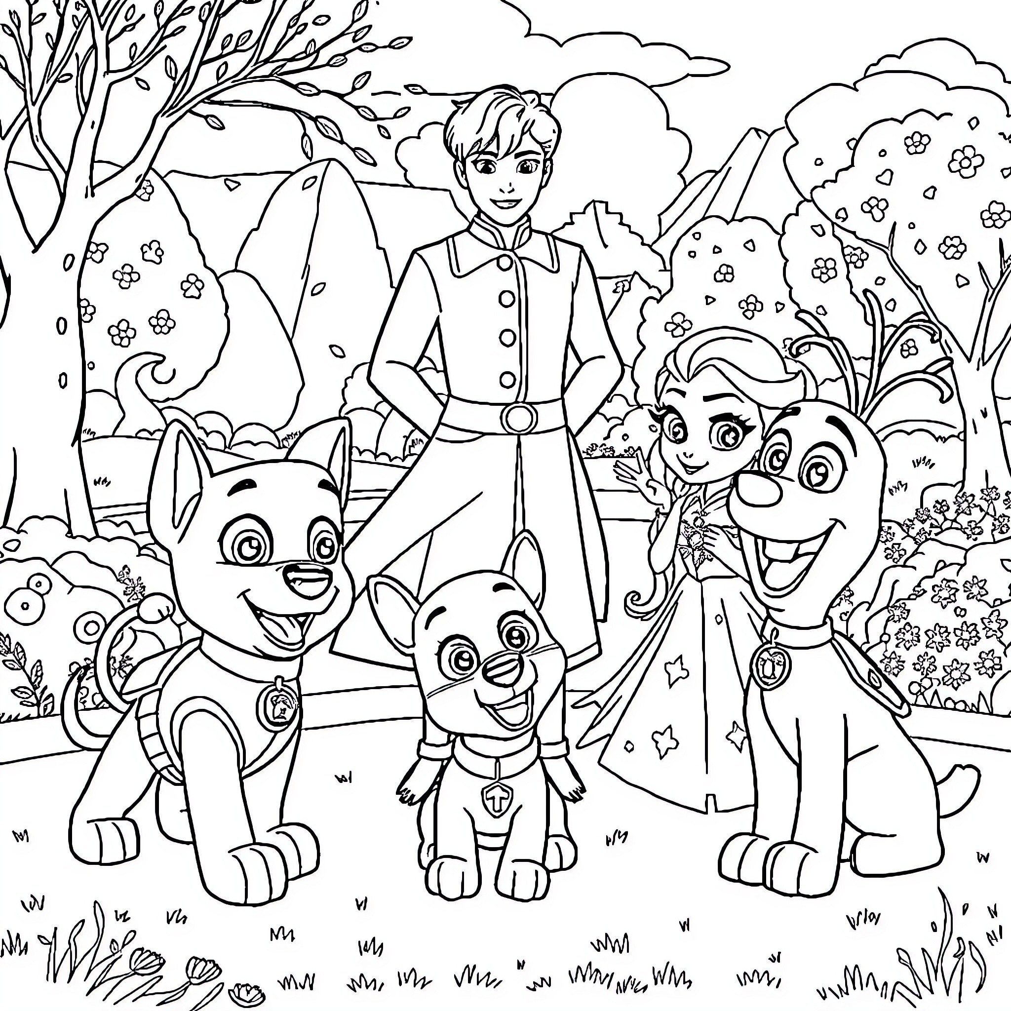 Paw Patrol Characters in Outdoor Adventure Coloring Page (free black-and-white line drawing printable PDF for all, from beginners to advanced learners, including children, teens, adults, and seniors)