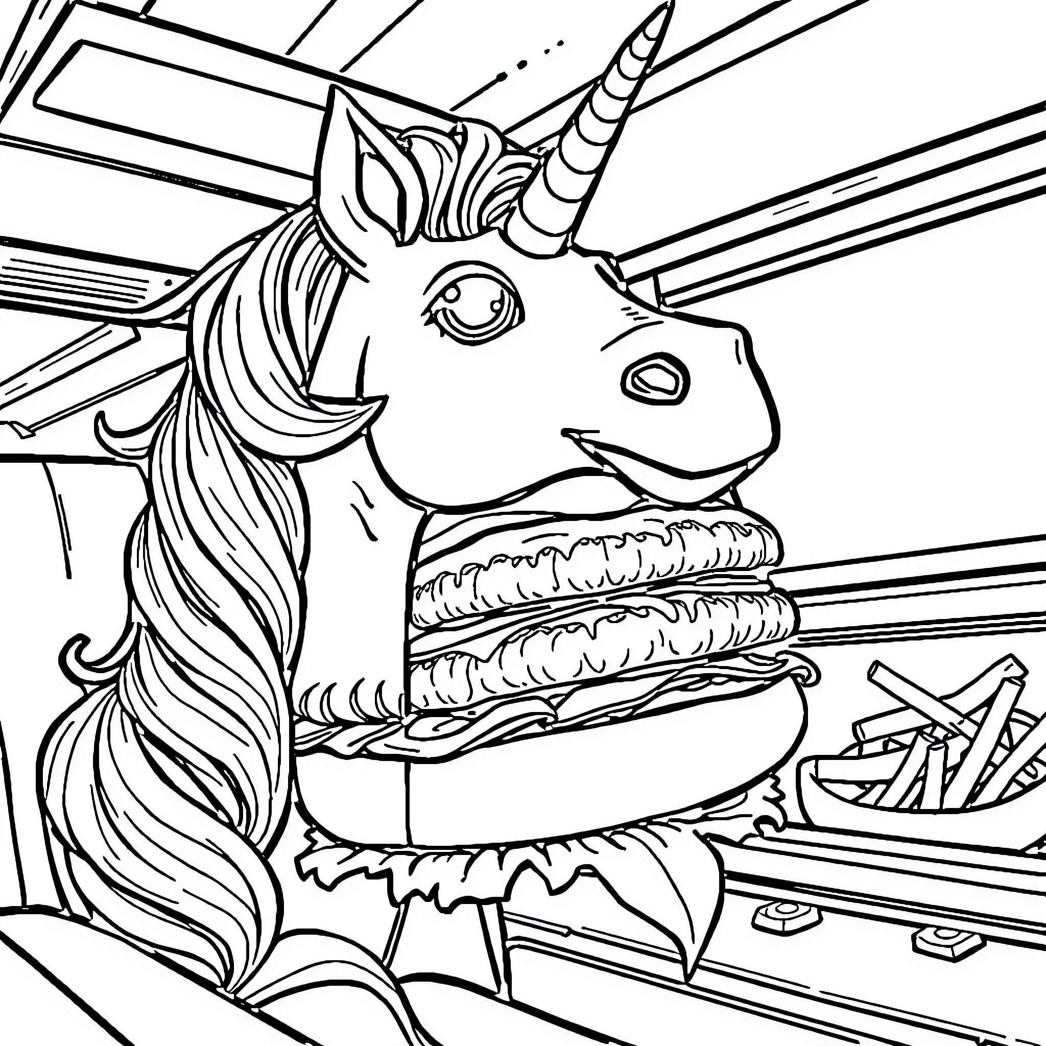 Unicorn serving a cake with art supplies Coloring Page (free black-and-white line drawing printable PDF for all, from beginners to advanced learners, including children, teens, adults, and seniors)