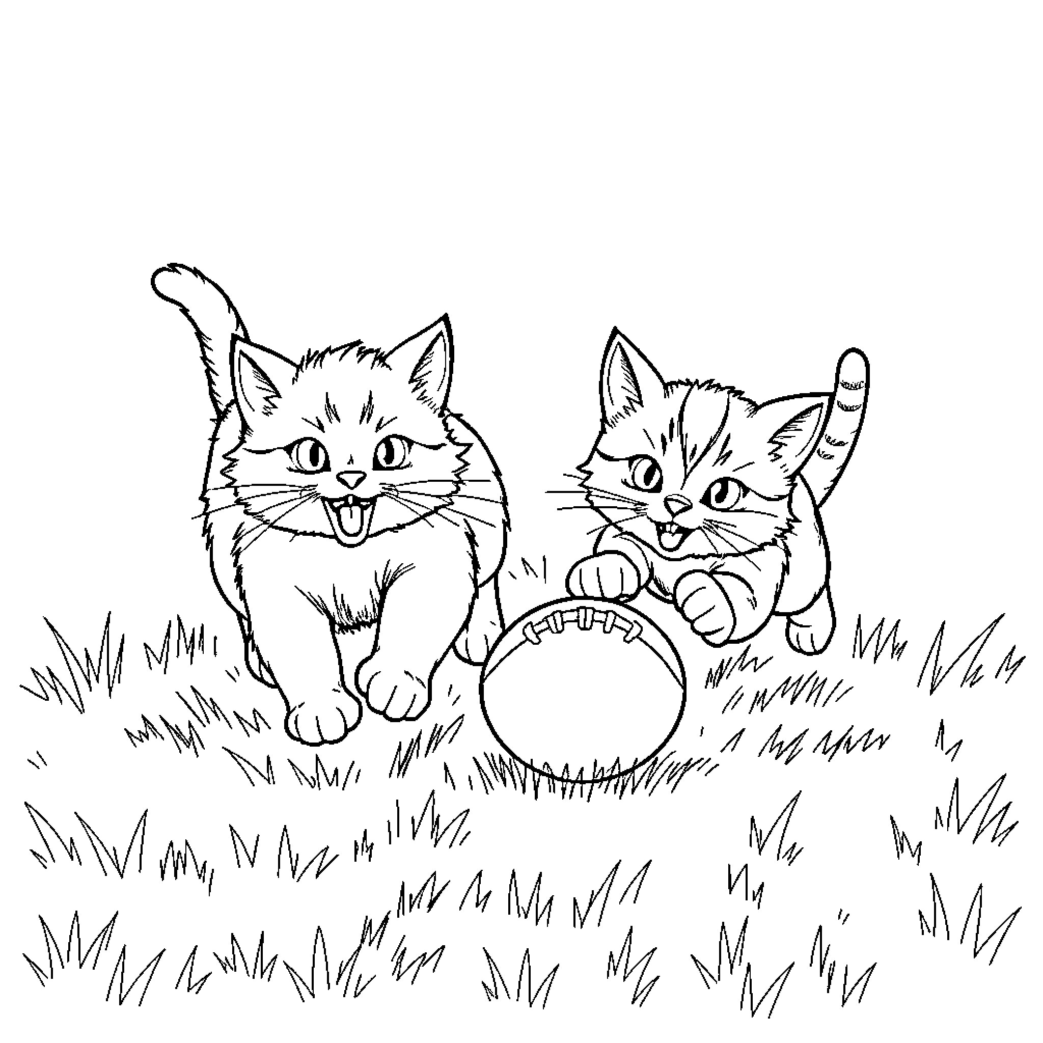 Cats playing with ball in meadow Coloring Page (free black-and-white line drawing printable PDF for all, from beginners to advanced learners, including children, teens, adults, and seniors)