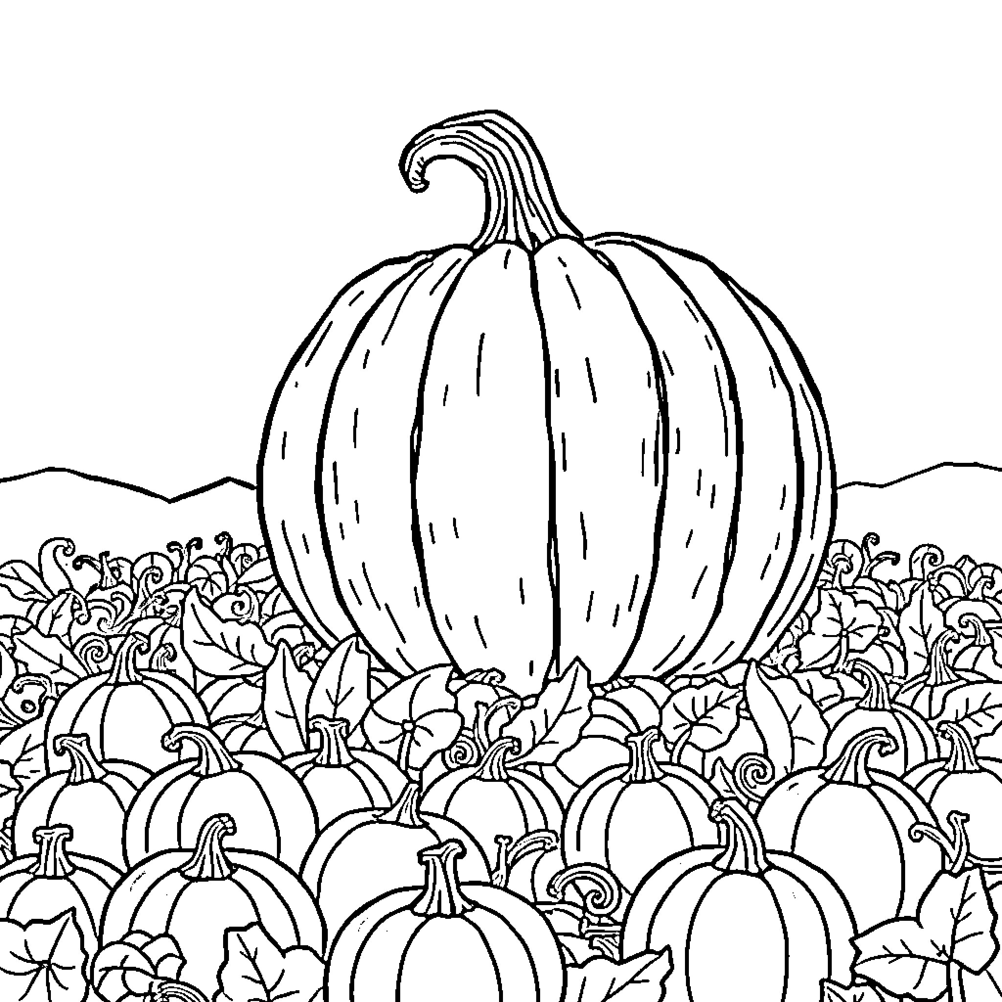 Pumpkin patch with various pumpkin shapes and sizes Coloring Page (free black-and-white line drawing printable PDF for all, from beginners to advanced learners, including children, teens, adults, and seniors)