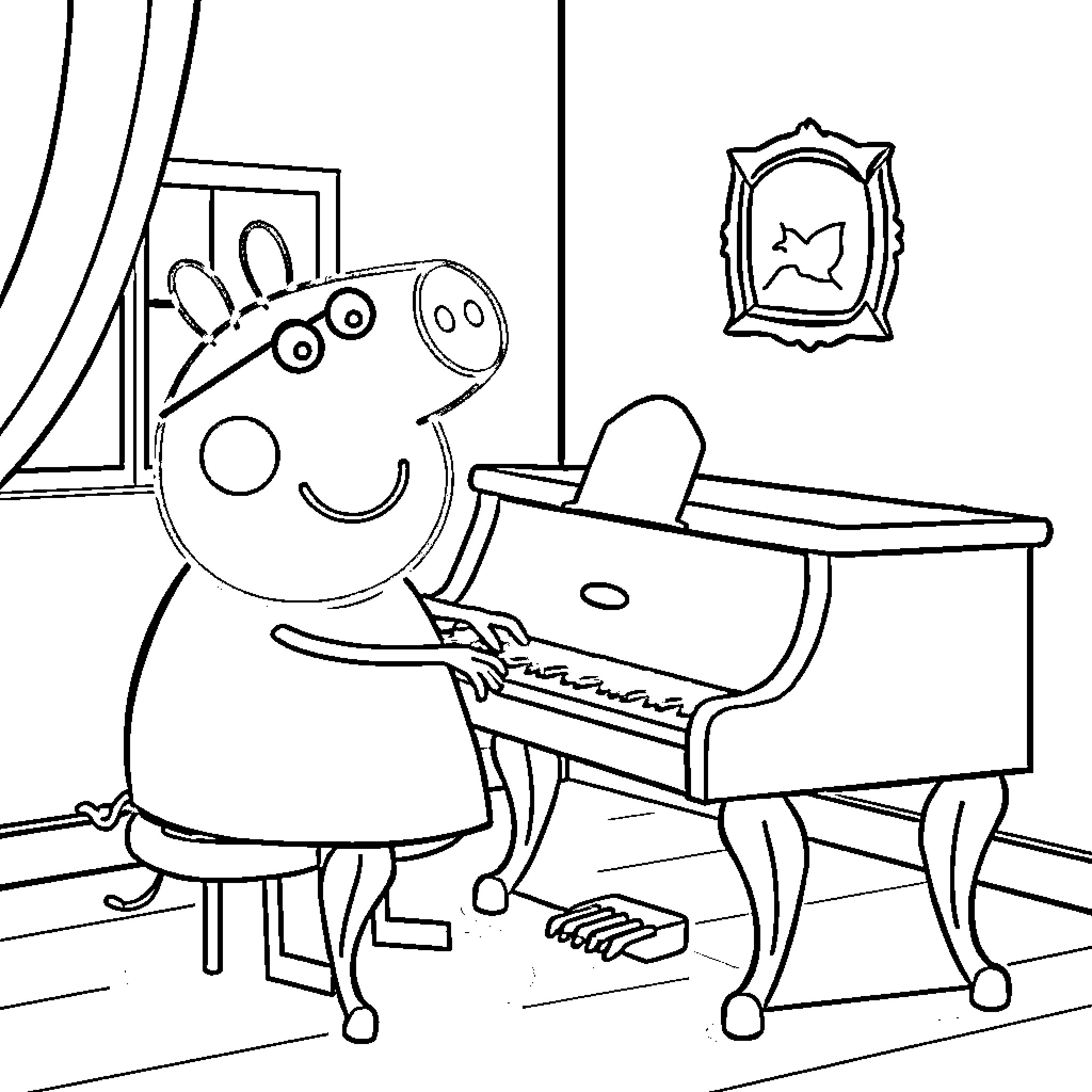 Peppa Pig playing piano at home Coloring Page (free black-and-white line drawing printable PDF for all, from beginners to advanced learners, including children, teens, adults, and seniors)