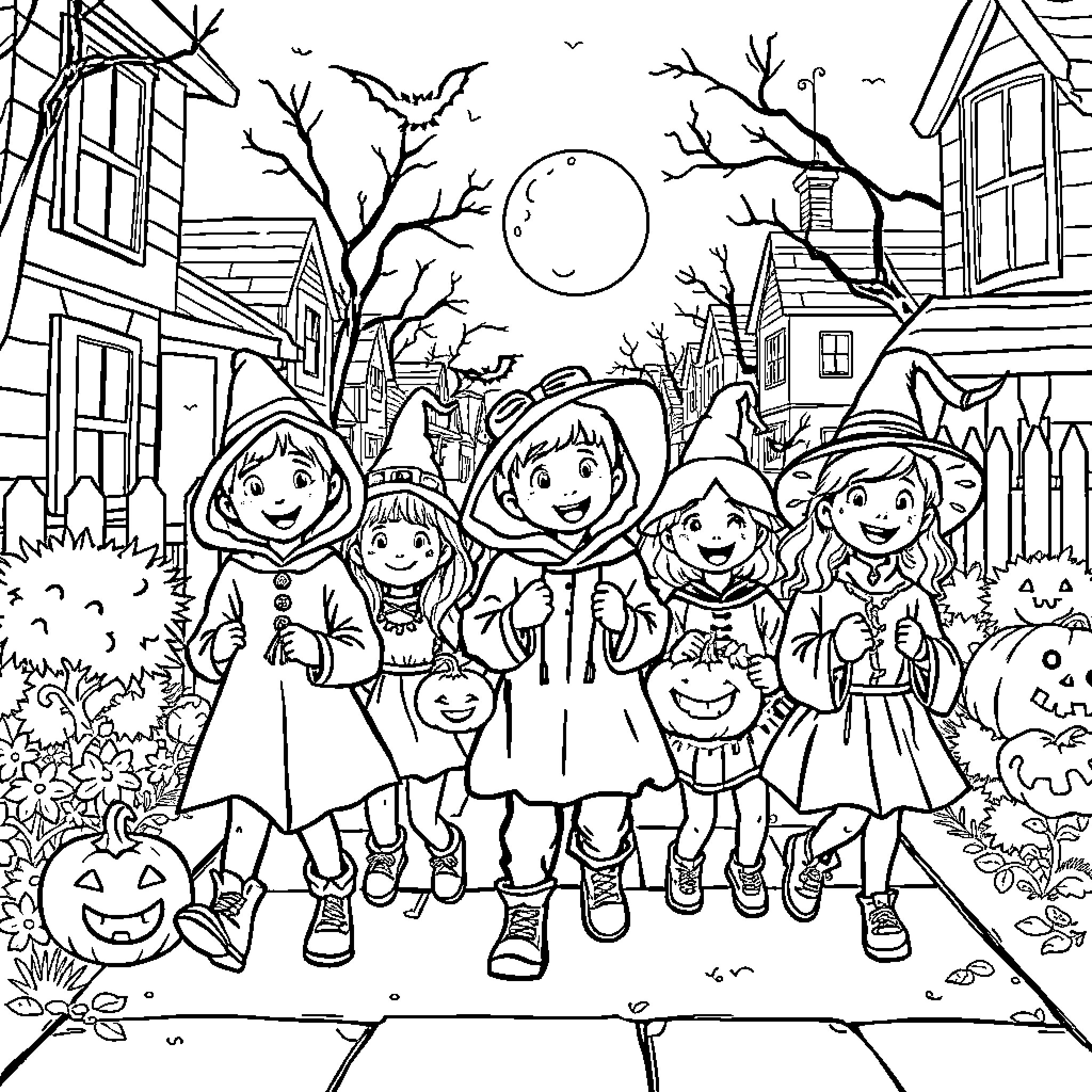 Kid Halloween Trick-or-Treating in Spooky Neighborhood Coloring Page (free black-and-white line drawing printable PDF for all, from beginners to advanced learners, including children, teens, adults, and seniors)