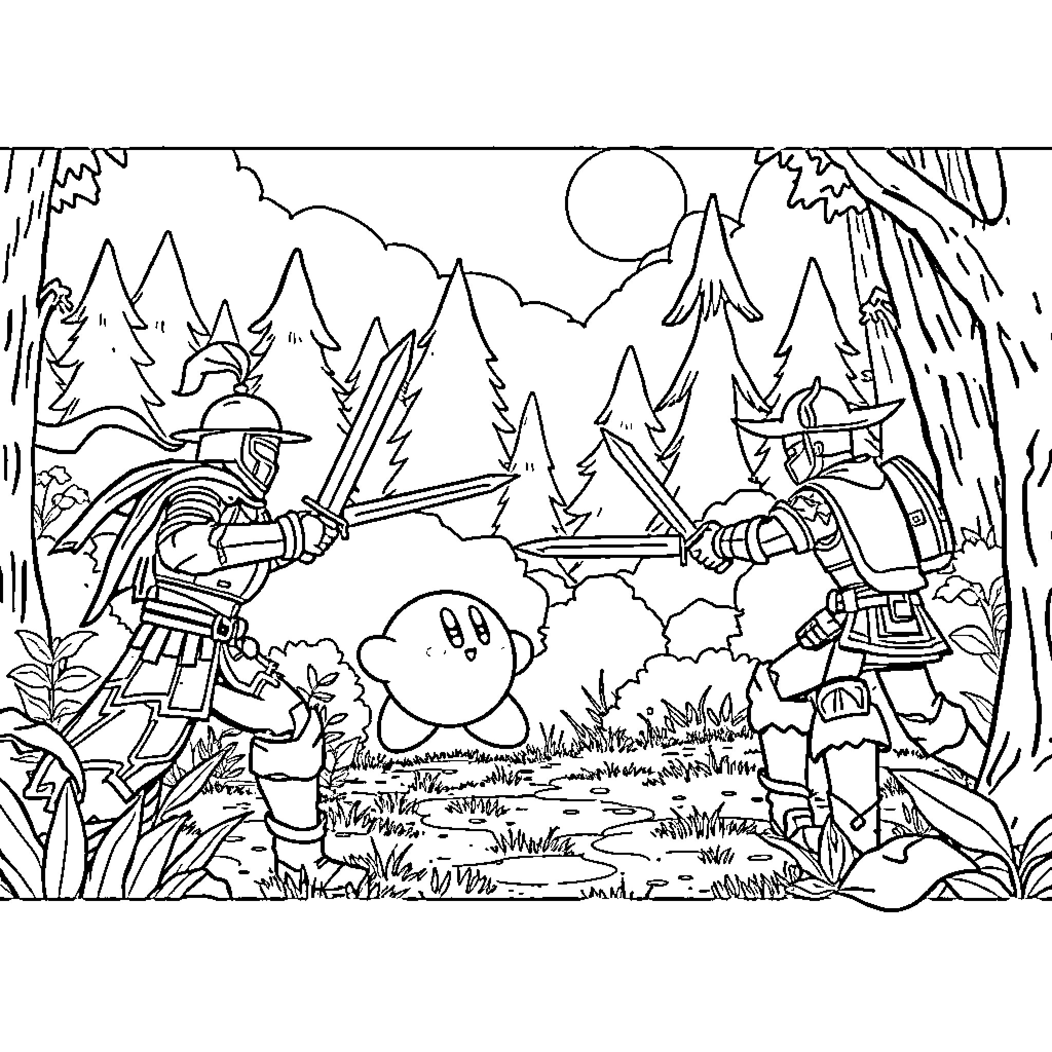 Knight Confronts Foes in Fantastical Forest Landscape Coloring Page (free black-and-white line drawing printable PDF for all, from beginners to advanced learners, including children, teens, adults, and seniors)