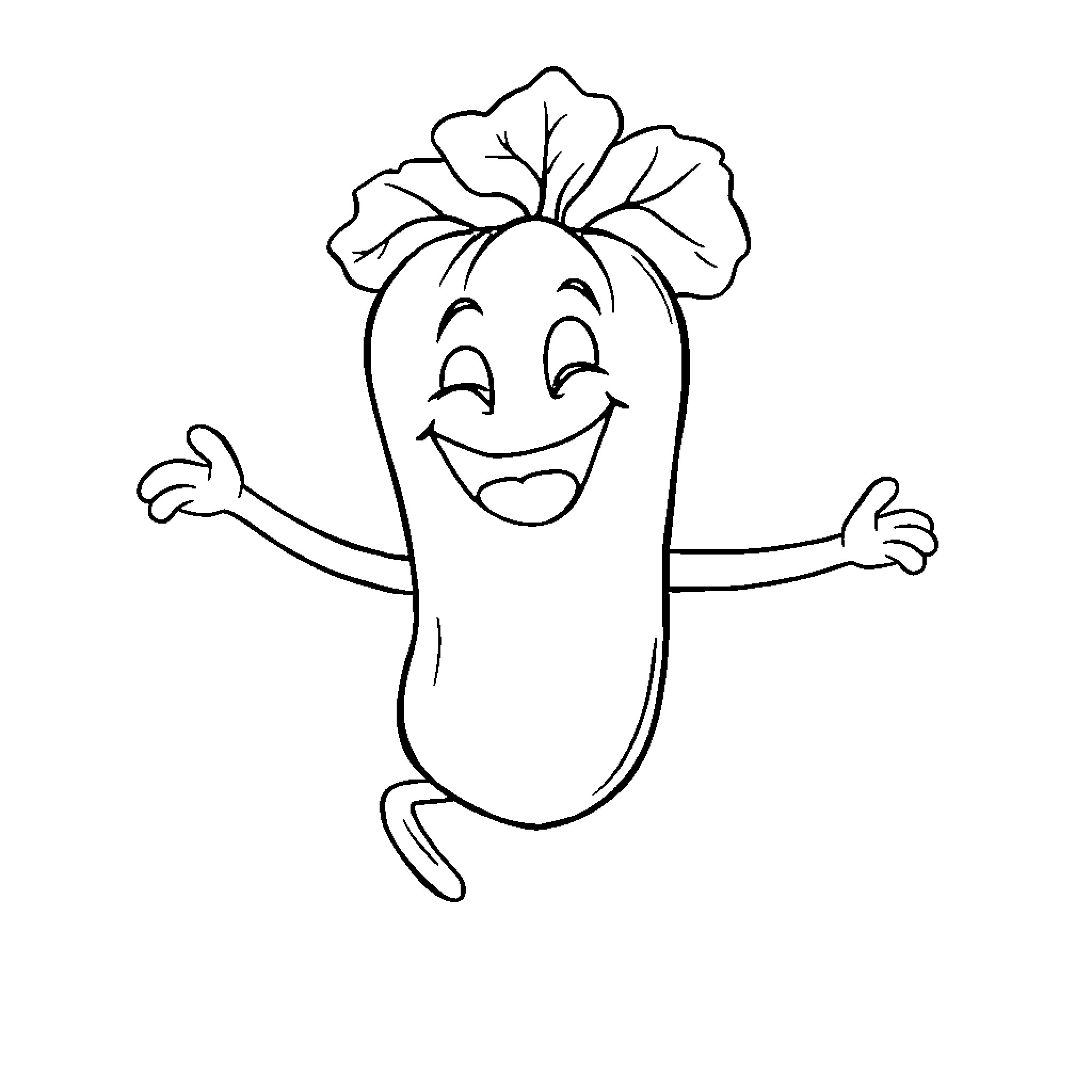 Vegetable character happily gesturing Coloring Page (free black-and-white line drawing printable PDF for all, from beginners to advanced learners, including children, teens, adults, and seniors)