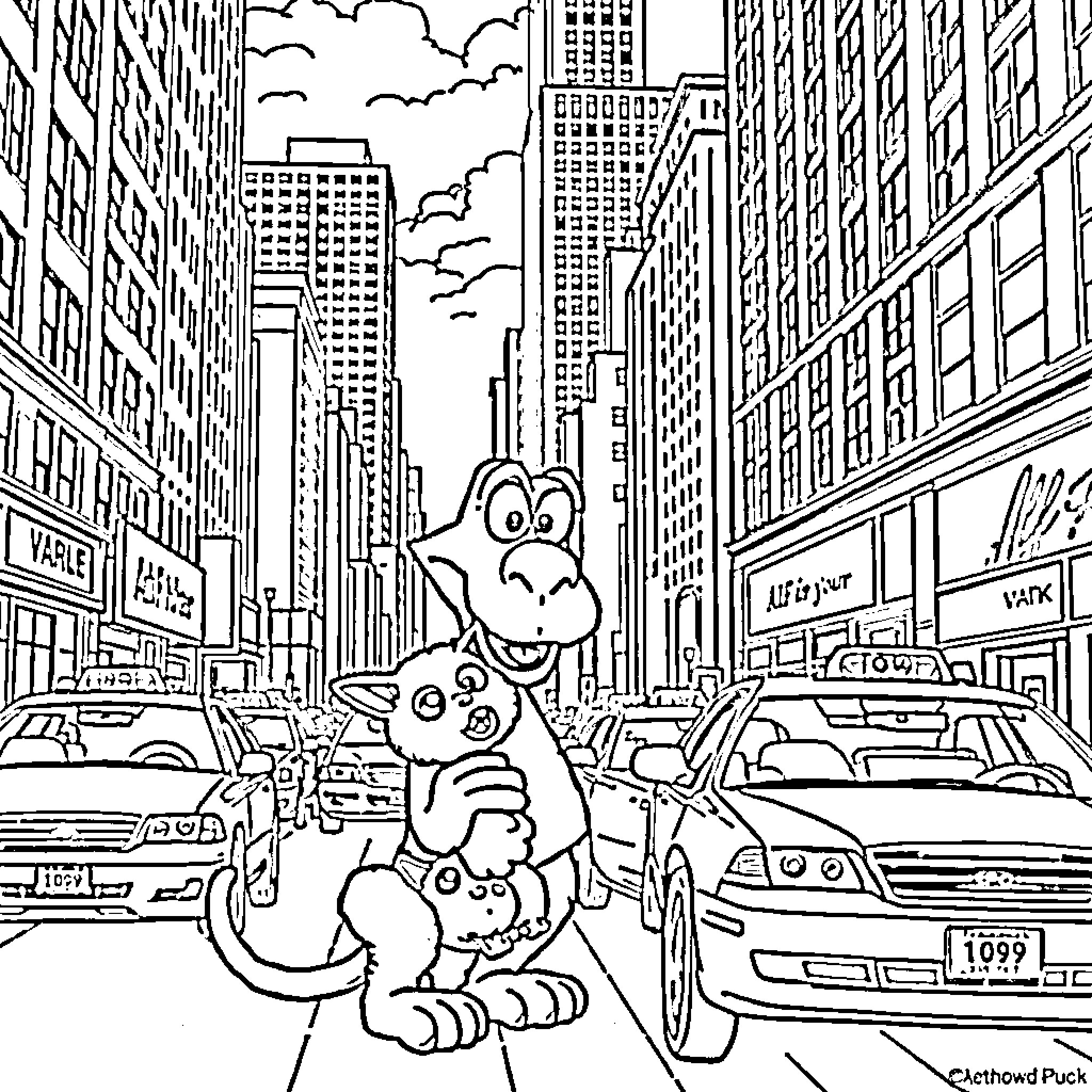 Alf explores the bustling city streets Coloring Page (free black-and-white line drawing printable PDF for all, from beginners to advanced learners, including children, teens, adults, and seniors)