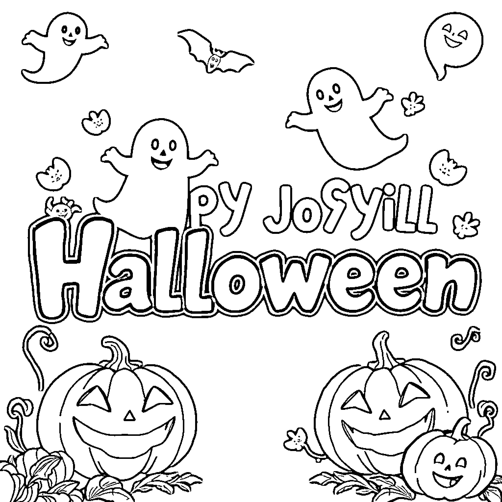 Happy Halloween with playful ghosts and pumpkins Coloring Page (free black-and-white line drawing printable PDF for all, from beginners to advanced learners, including children, teens, adults, and seniors)