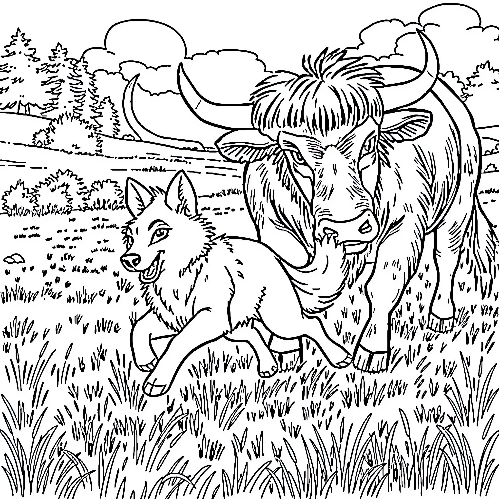 Wolf and Yak Roaming in the Wild Coloring Page (free black-and-white line drawing printable PDF for all, from beginners to advanced learners, including children, teens, adults, and seniors)