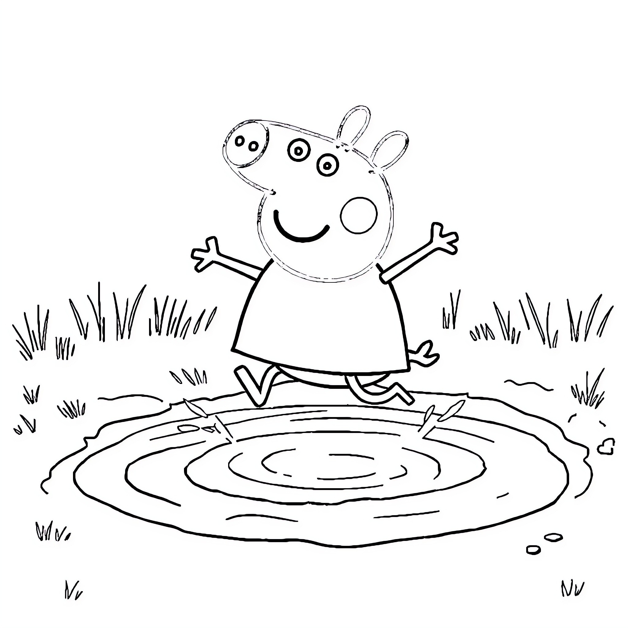 Peppa Pig jumping happily in a puddle Coloring Page (free black-and-white line drawing printable PDF for all, from beginners to advanced learners, including children, teens, adults, and seniors)