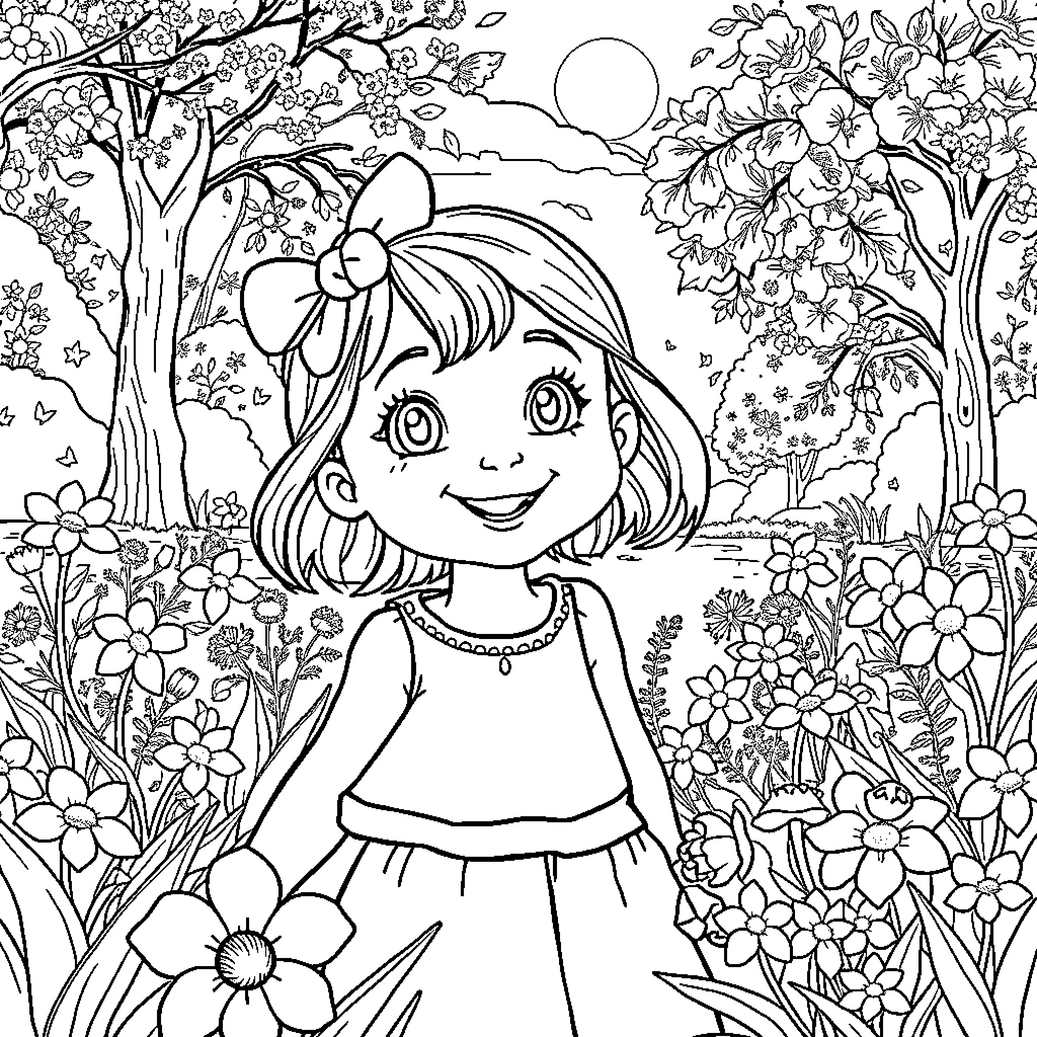 Macita exploring the whimsical garden Coloring Page (free black-and-white line drawing printable PDF for all, from beginners to advanced learners, including children, teens, adults, and seniors)