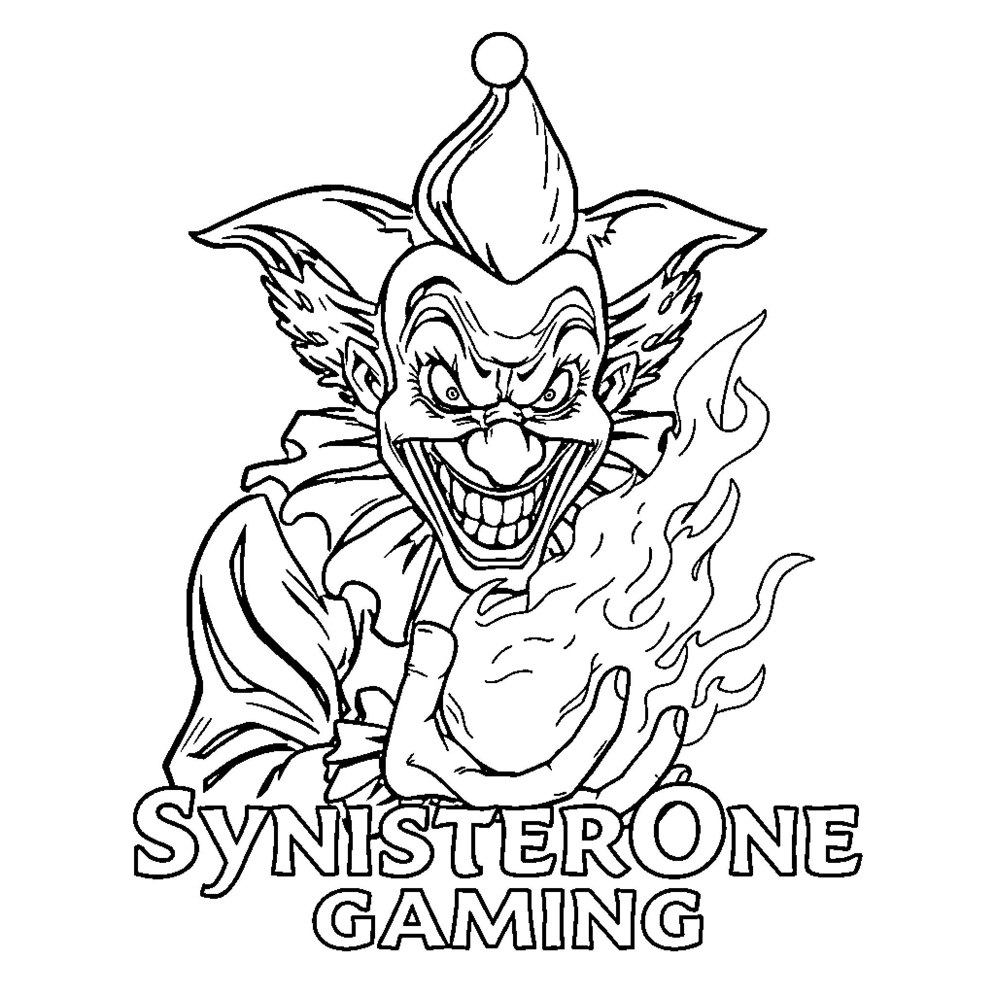 Clown with Sinister Expression and Flames Coloring Page (free black-and-white line drawing printable PDF for all, from beginners to advanced learners, including children, teens, adults, and seniors)