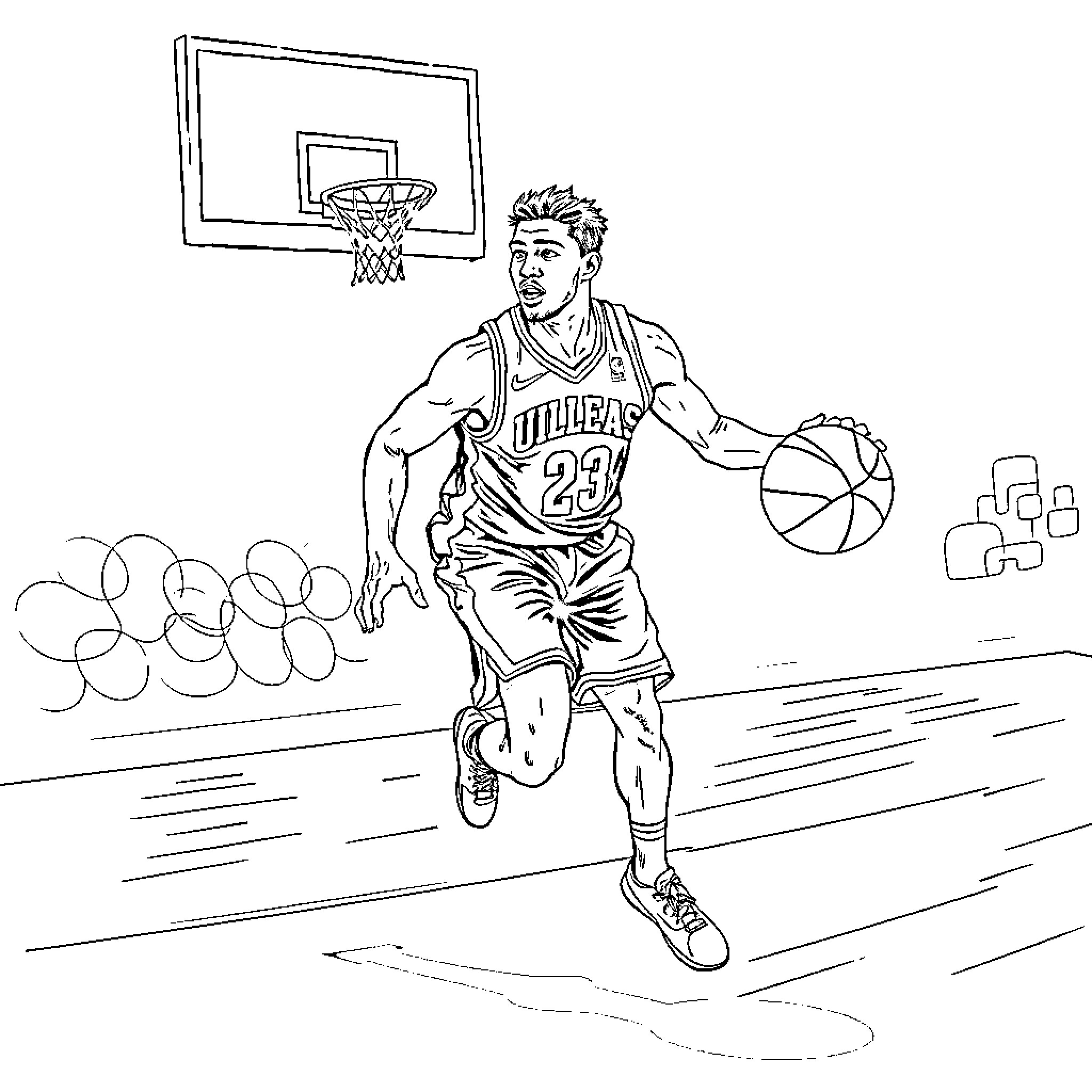 Jalen Brunson dribbling a basketball on the court Coloring Page (free black-and-white line drawing printable PDF for all, from beginners to advanced learners, including children, teens, adults, and seniors)