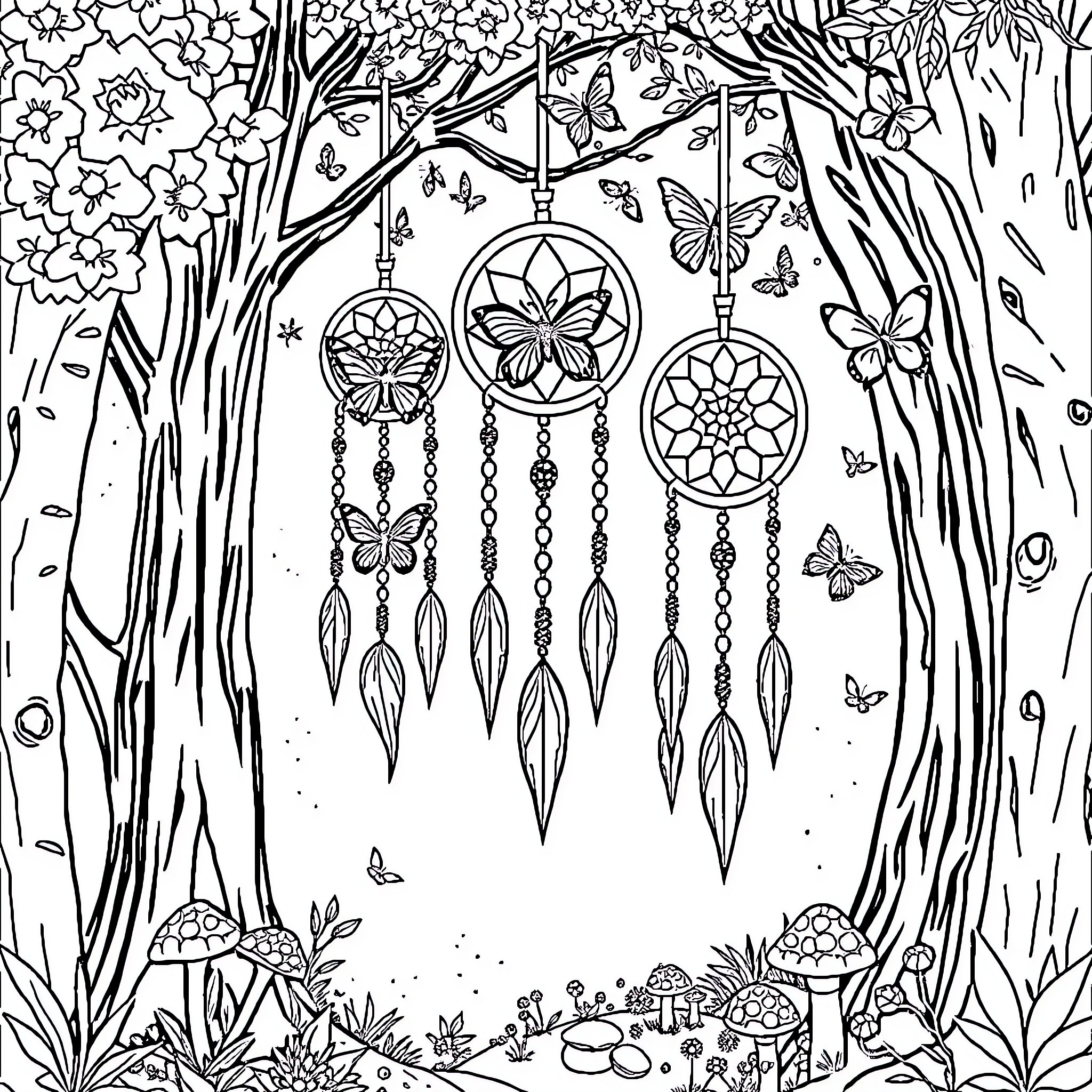 Dream Catcher with Dreamweavers in Enchanted Forest Coloring Page (free black-and-white line drawing printable PDF for all, from beginners to advanced learners, including children, teens, adults, and seniors)