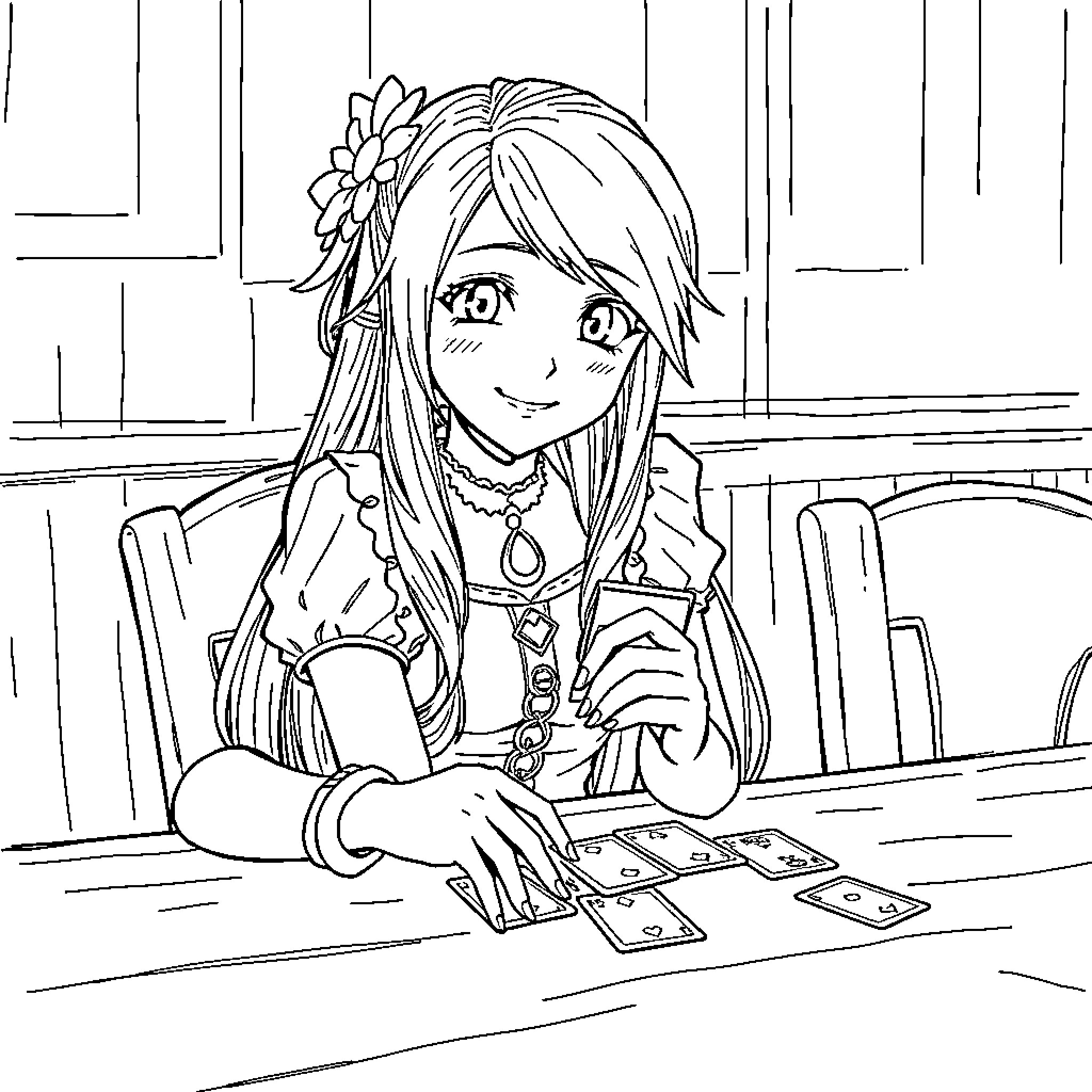 Rinoa enjoying a game with a friendly smile Coloring Page (free black-and-white line drawing printable PDF for all, from beginners to advanced learners, including children, teens, adults, and seniors)