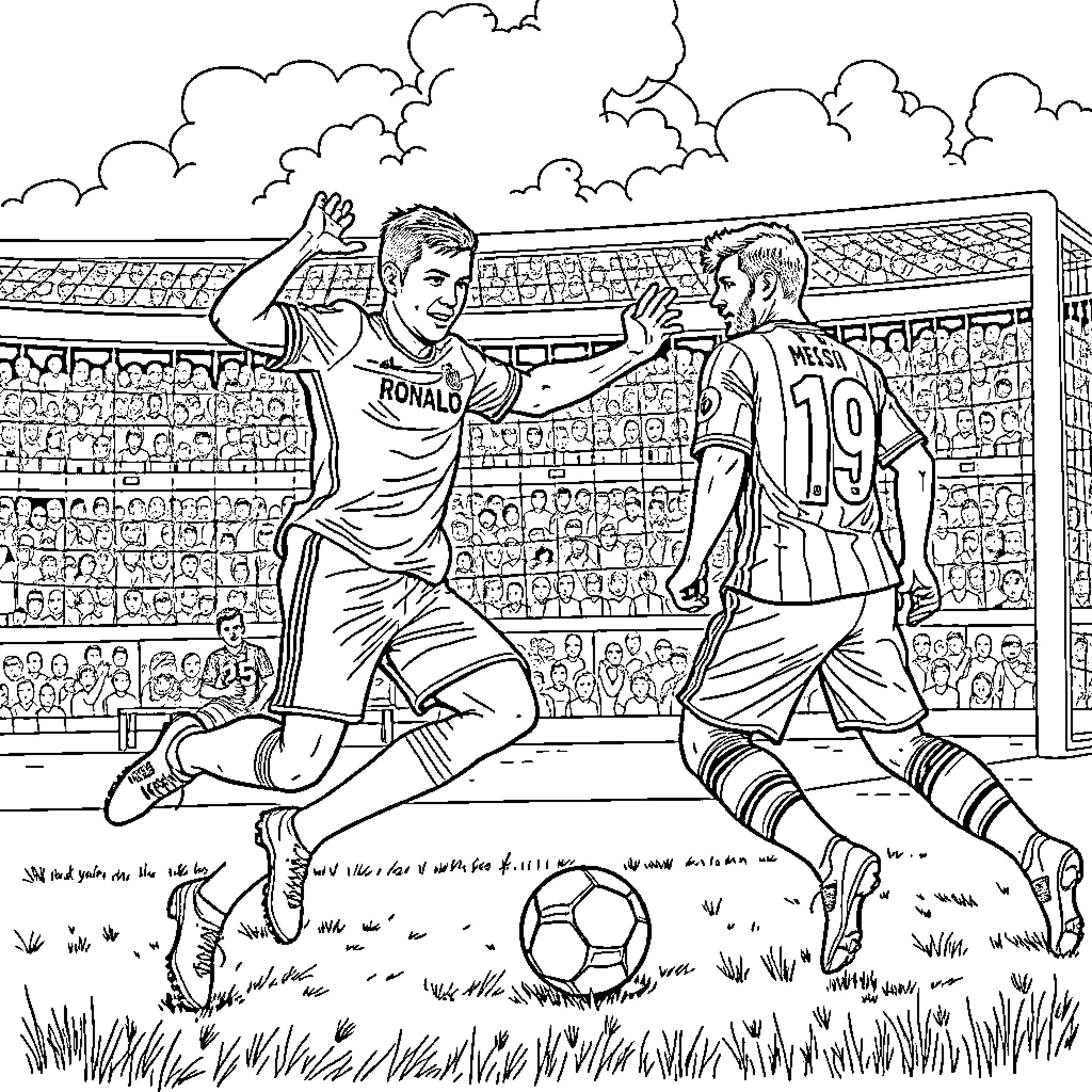 Cristiano Ronaldo facing off with opponent on football pitch Coloring Page (free black-and-white line drawing printable PDF for all, from beginners to advanced learners, including children, teens, adults, and seniors)