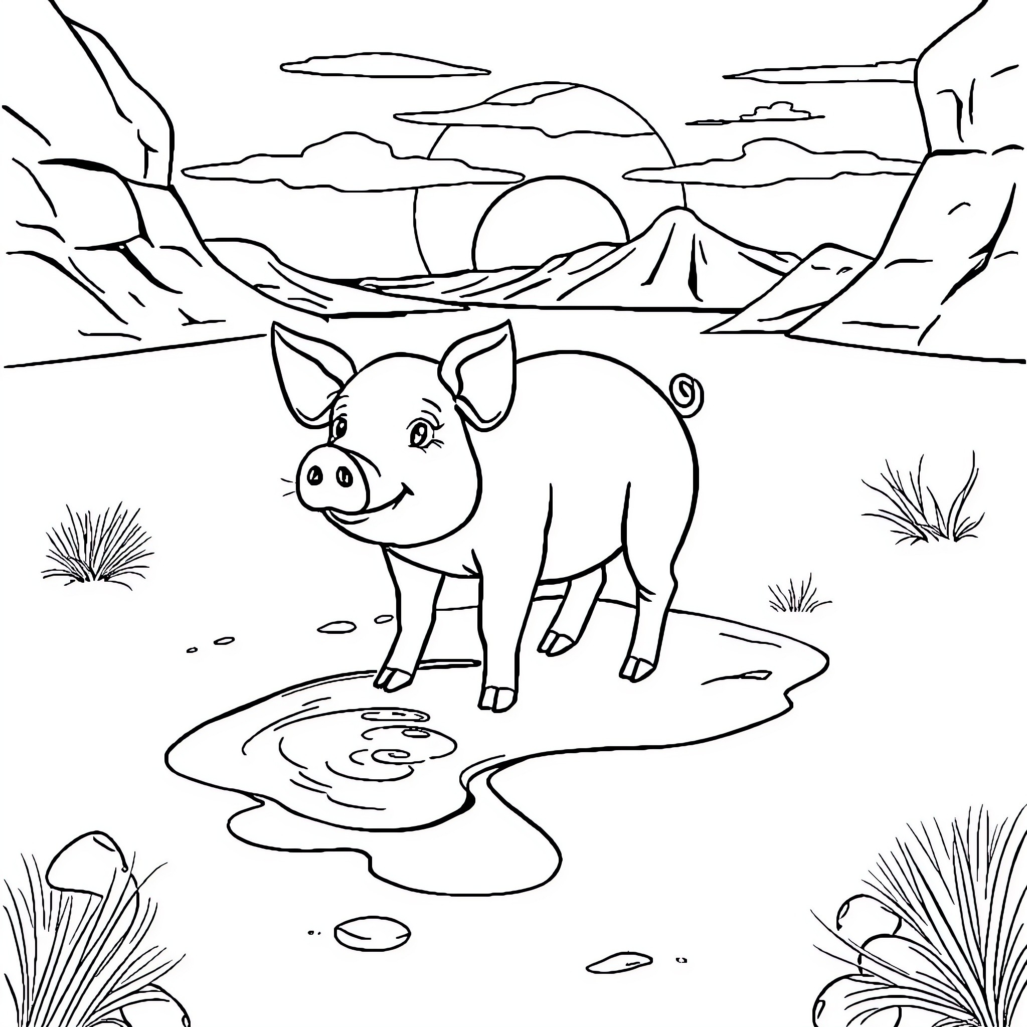 Pig exploring scenic mountain landscape Coloring Page (free black-and-white line drawing printable PDF for all, from beginners to advanced learners, including children, teens, adults, and seniors)
