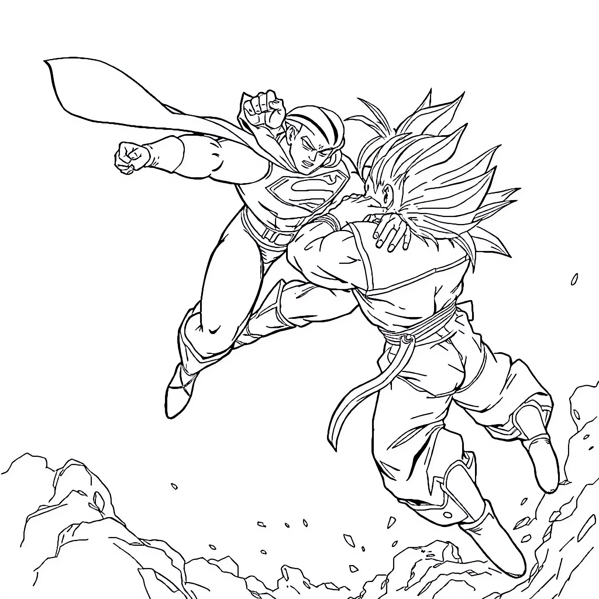 Superman's heroic flight through the sky Coloring Page (free black-and-white line drawing printable PDF for all, from beginners to advanced learners, including children, teens, adults, and seniors)