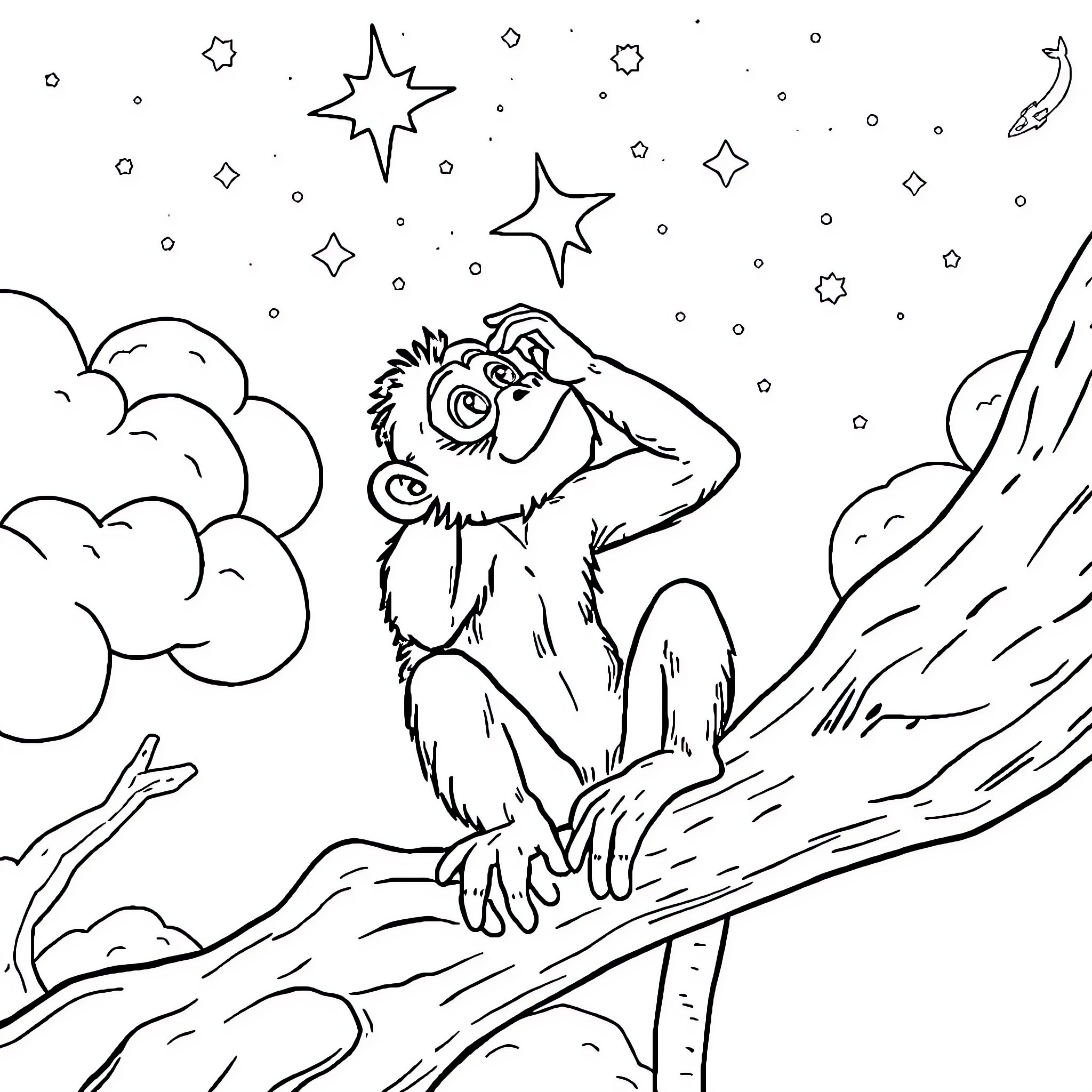 Monkey admiring the starry night sky Coloring Page (free black-and-white line drawing printable PDF for all, from beginners to advanced learners, including children, teens, adults, and seniors)