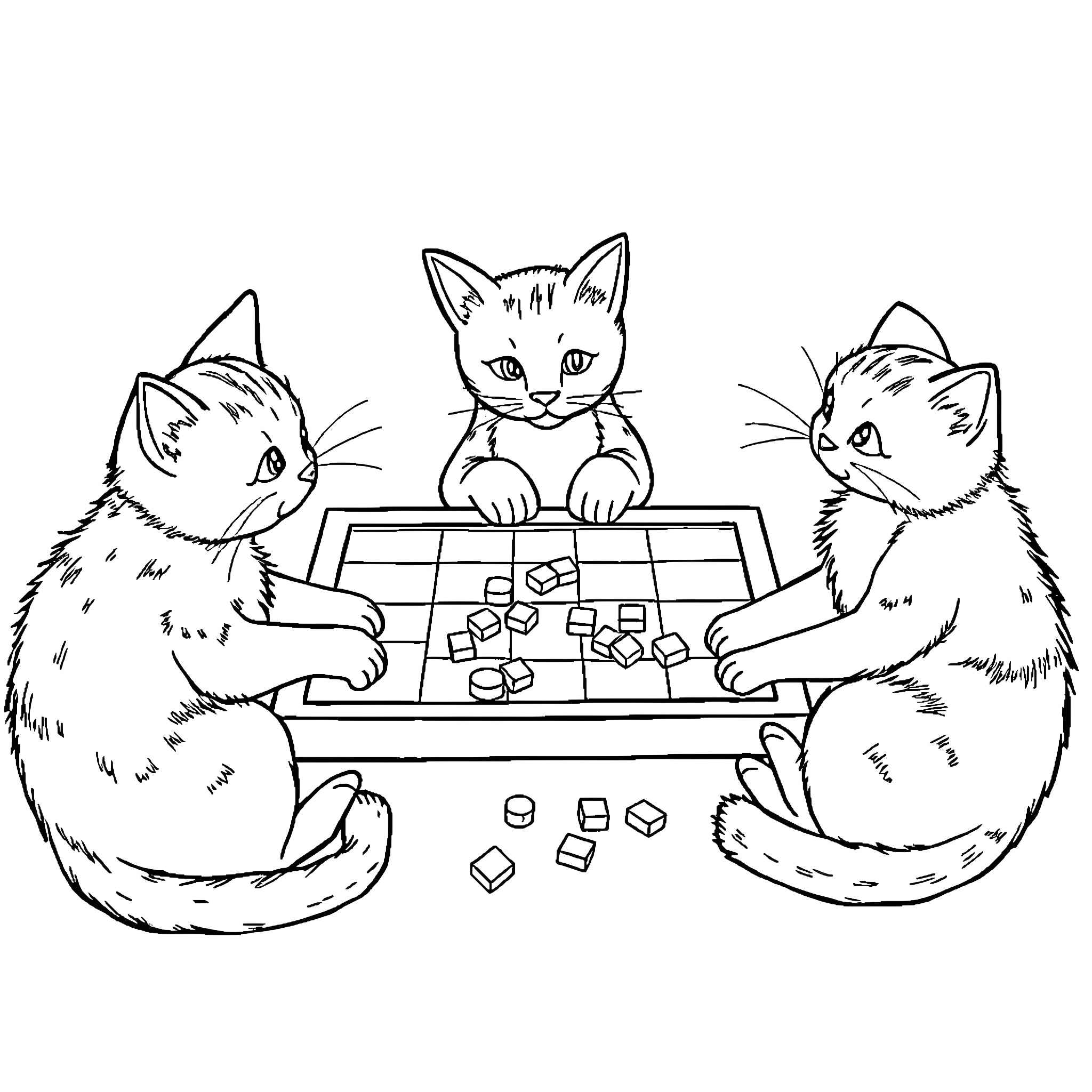 Cats Playing Board Game Together Coloring Page (free black-and-white line drawing printable PDF for all, from beginners to advanced learners, including children, teens, adults, and seniors)