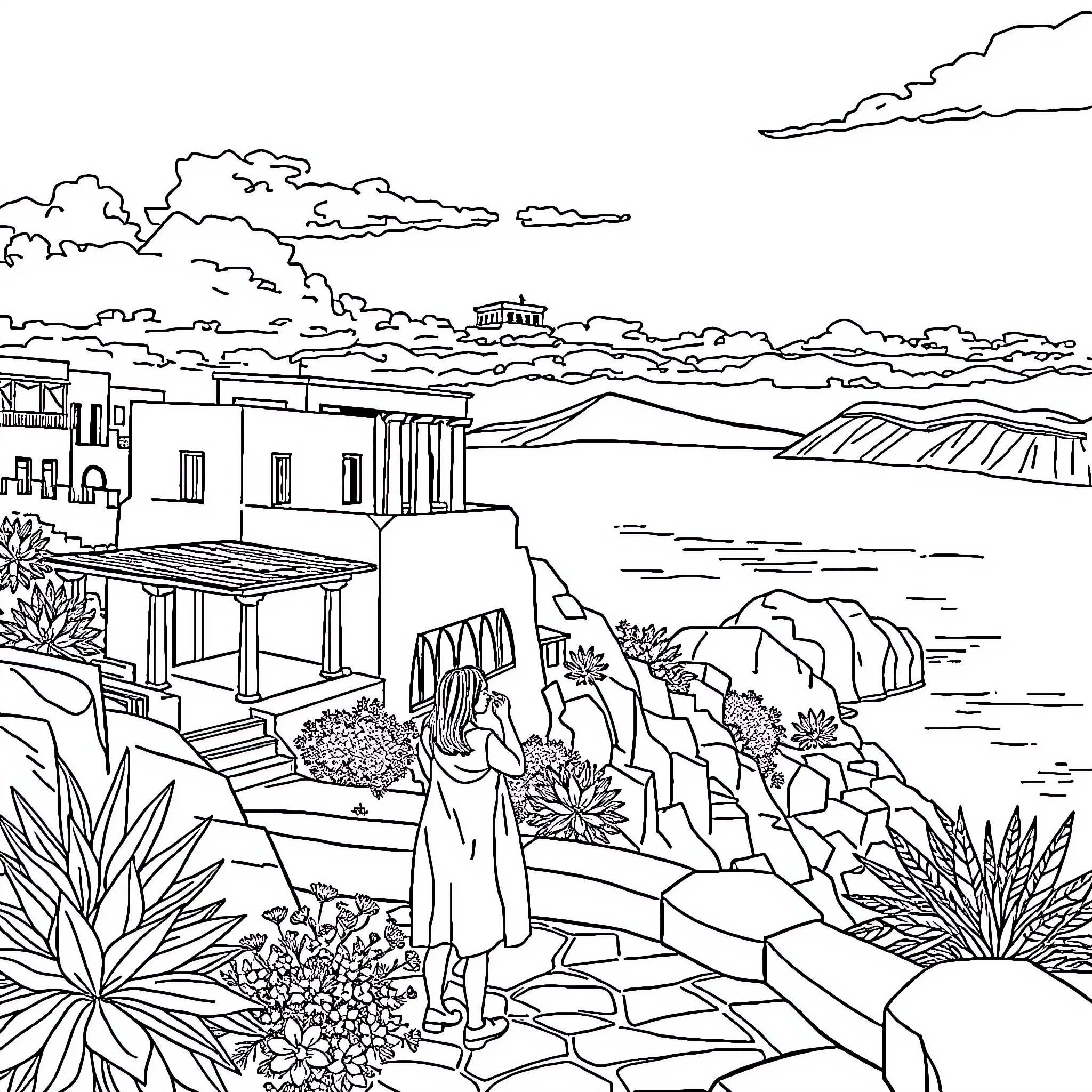 Wife relaxing in a scenic coastal town Coloring Page (free black-and-white line drawing printable PDF for all, from beginners to advanced learners, including children, teens, adults, and seniors)