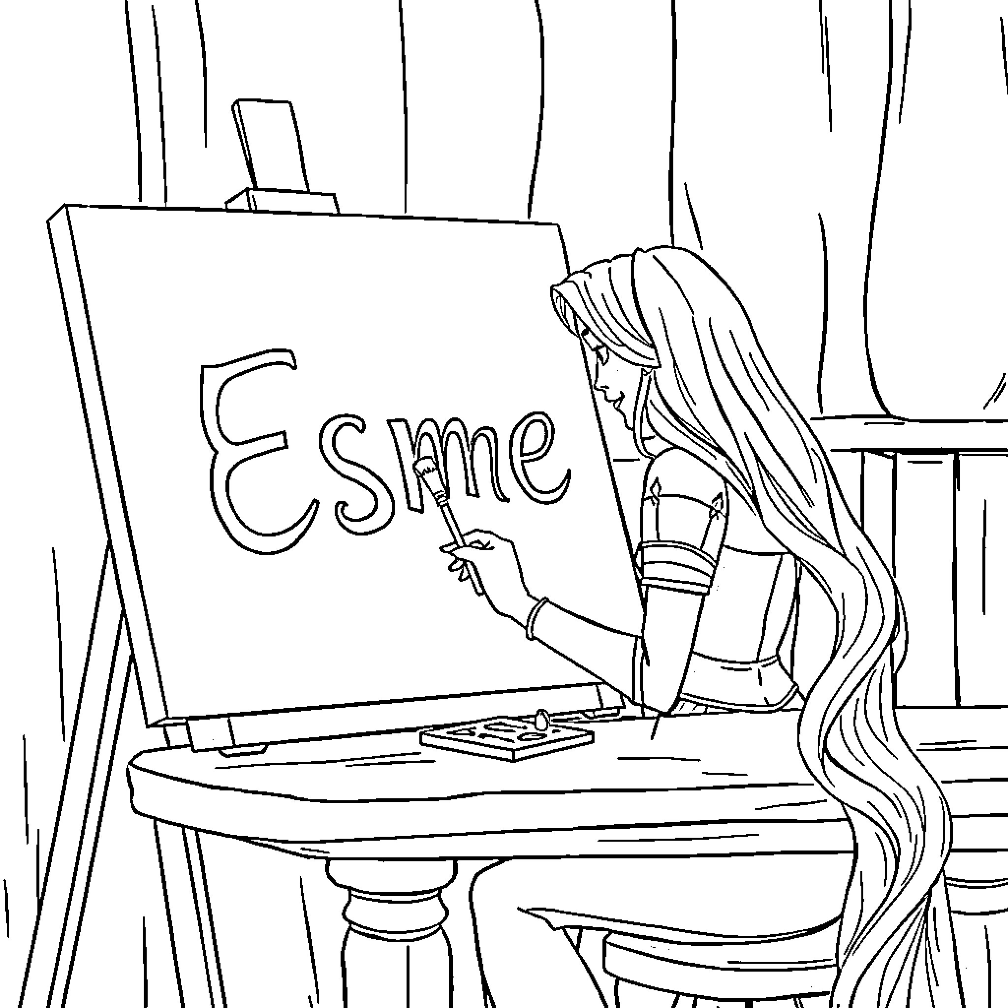 Rapunzel painting with passion on an easel Coloring Page (free black-and-white line drawing printable PDF for all, from beginners to advanced learners, including children, teens, adults, and seniors)