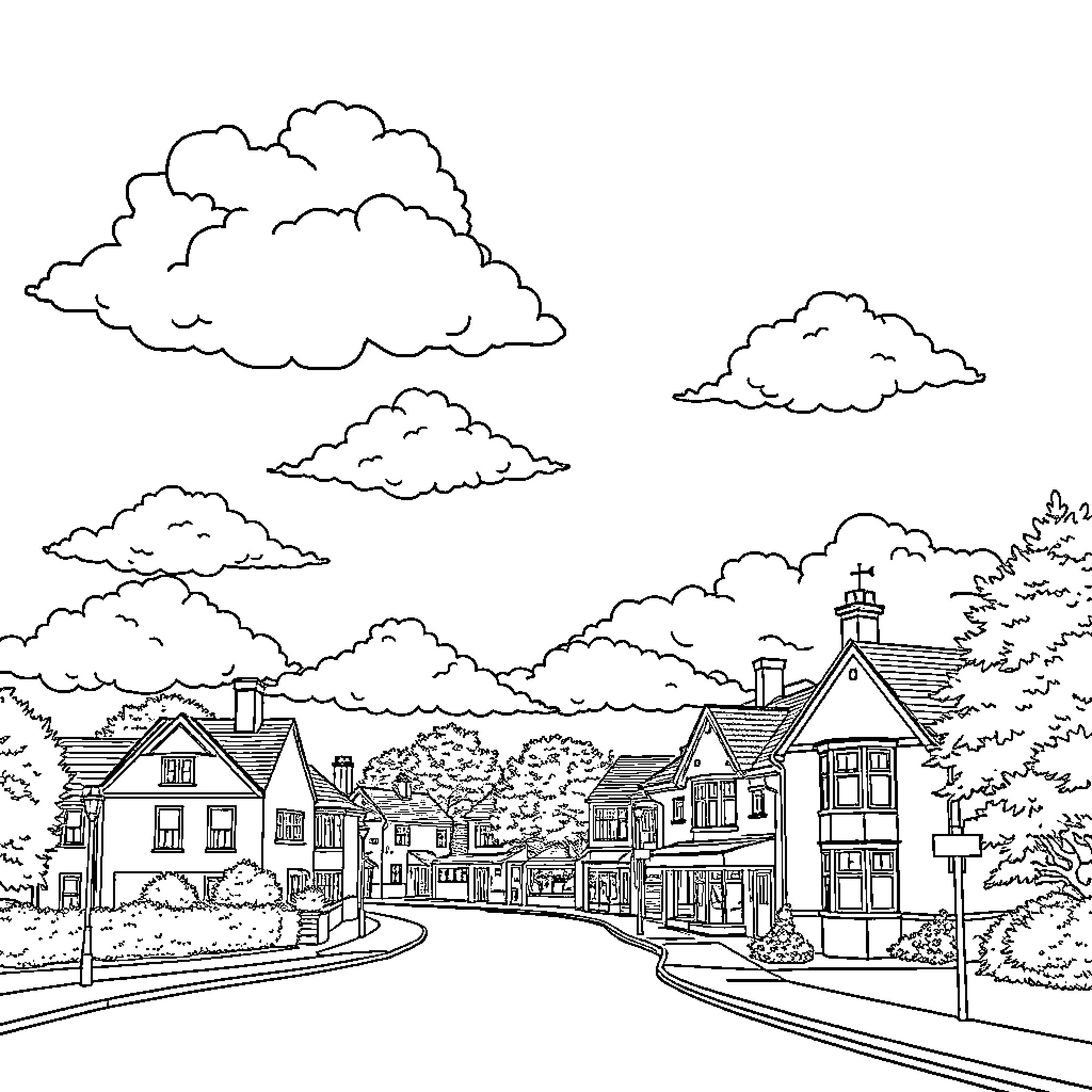 Bexley's Charming Townscape in Monochrome Coloring Page (free black-and-white line drawing printable PDF for all, from beginners to advanced learners, including children, teens, adults, and seniors)