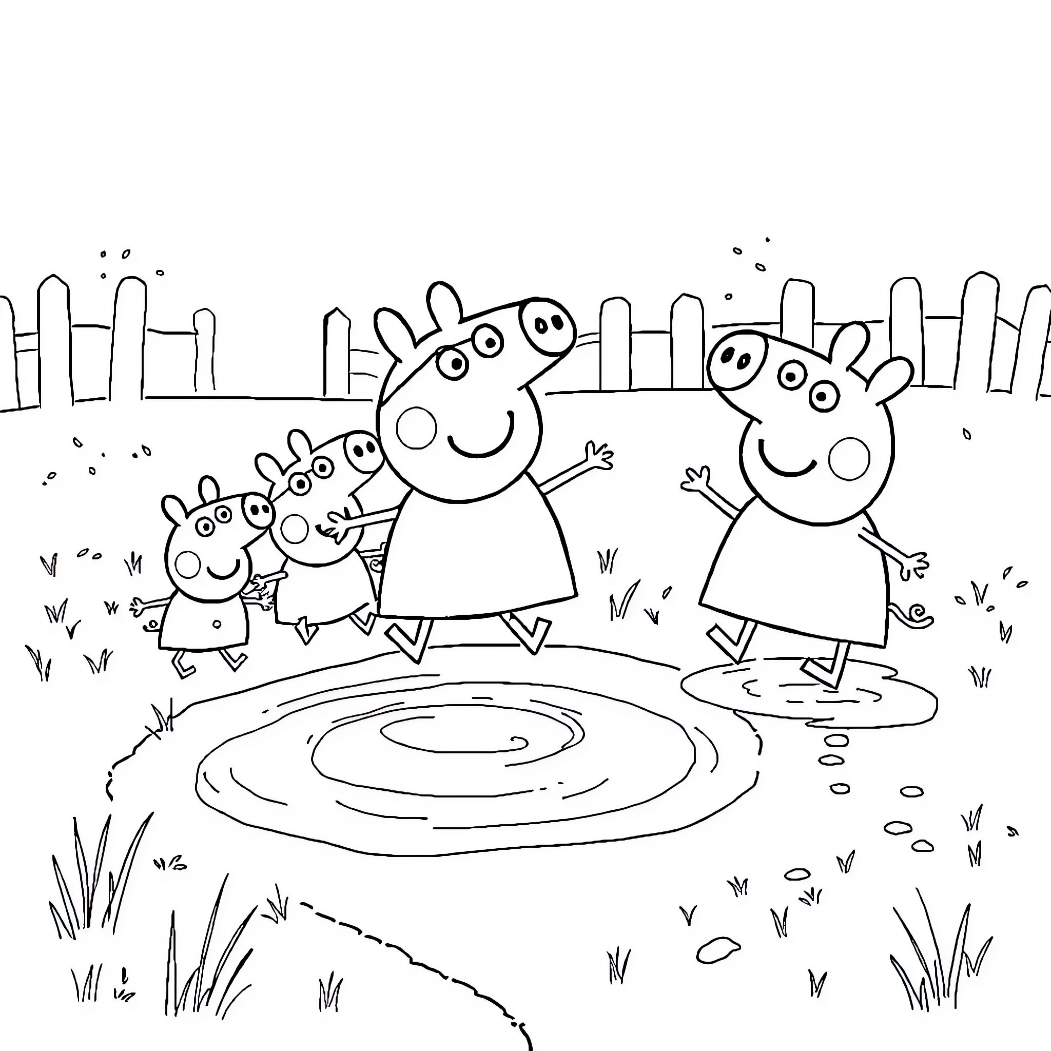 Peppa Pig and Family Enjoying a Day Outdoors Coloring Page (free black-and-white line drawing printable PDF for all, from beginners to advanced learners, including children, teens, adults, and seniors)